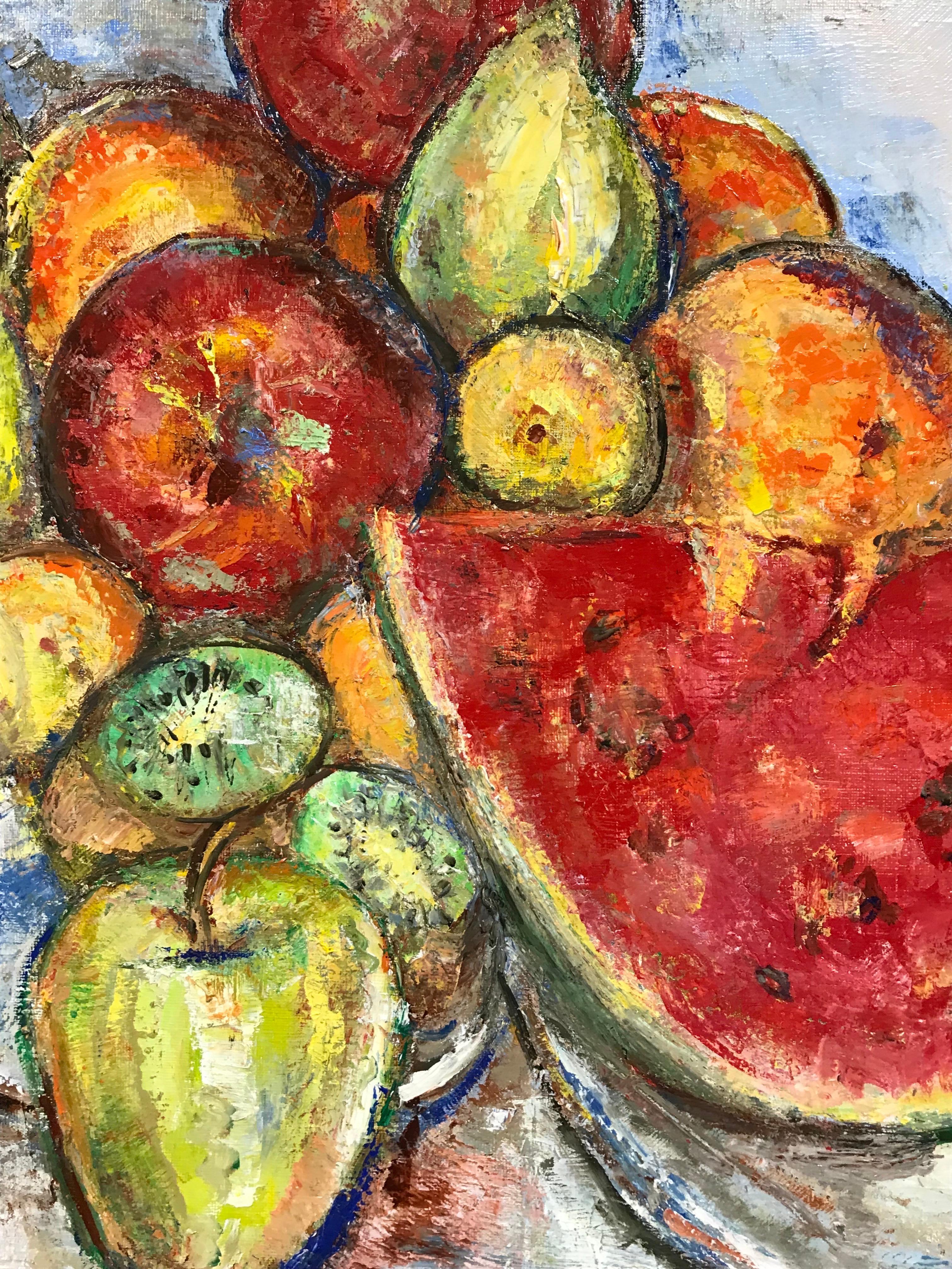 Still Life of Fruit (apples, watermelon, oranges, banana)
by Maria Tort Xirau (Catalan, 1924-2018)
signed lower corner
dated 1993
oil painting on canvas, framed

canvas: 18.5 x 24 inches
framed: 22.5 x 28 inches

Very good condition. 

Provenance: