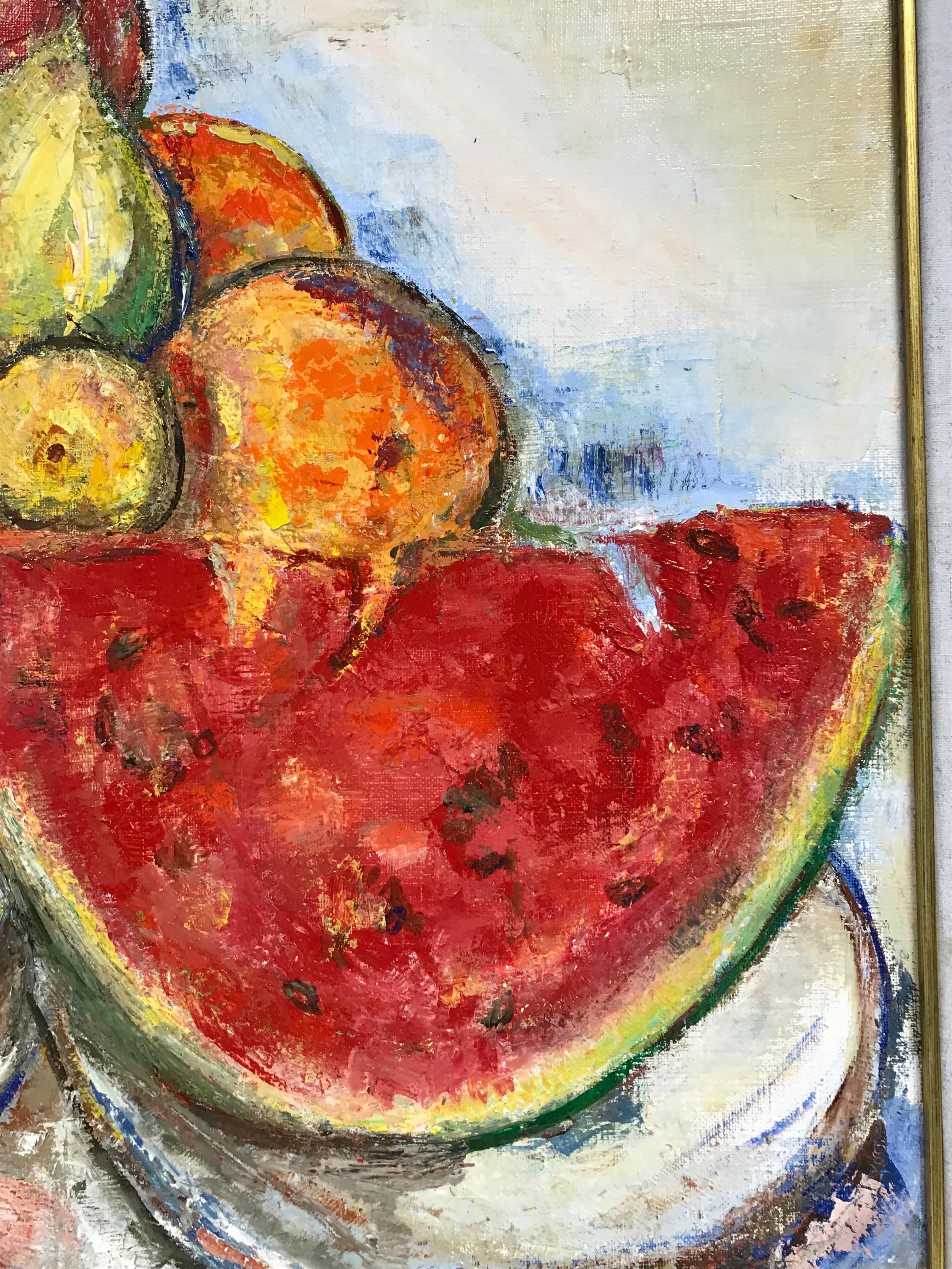 Peinture à l'huile originale signée - Magnifique nature morte de fruits avec melon d'eau en vente 2