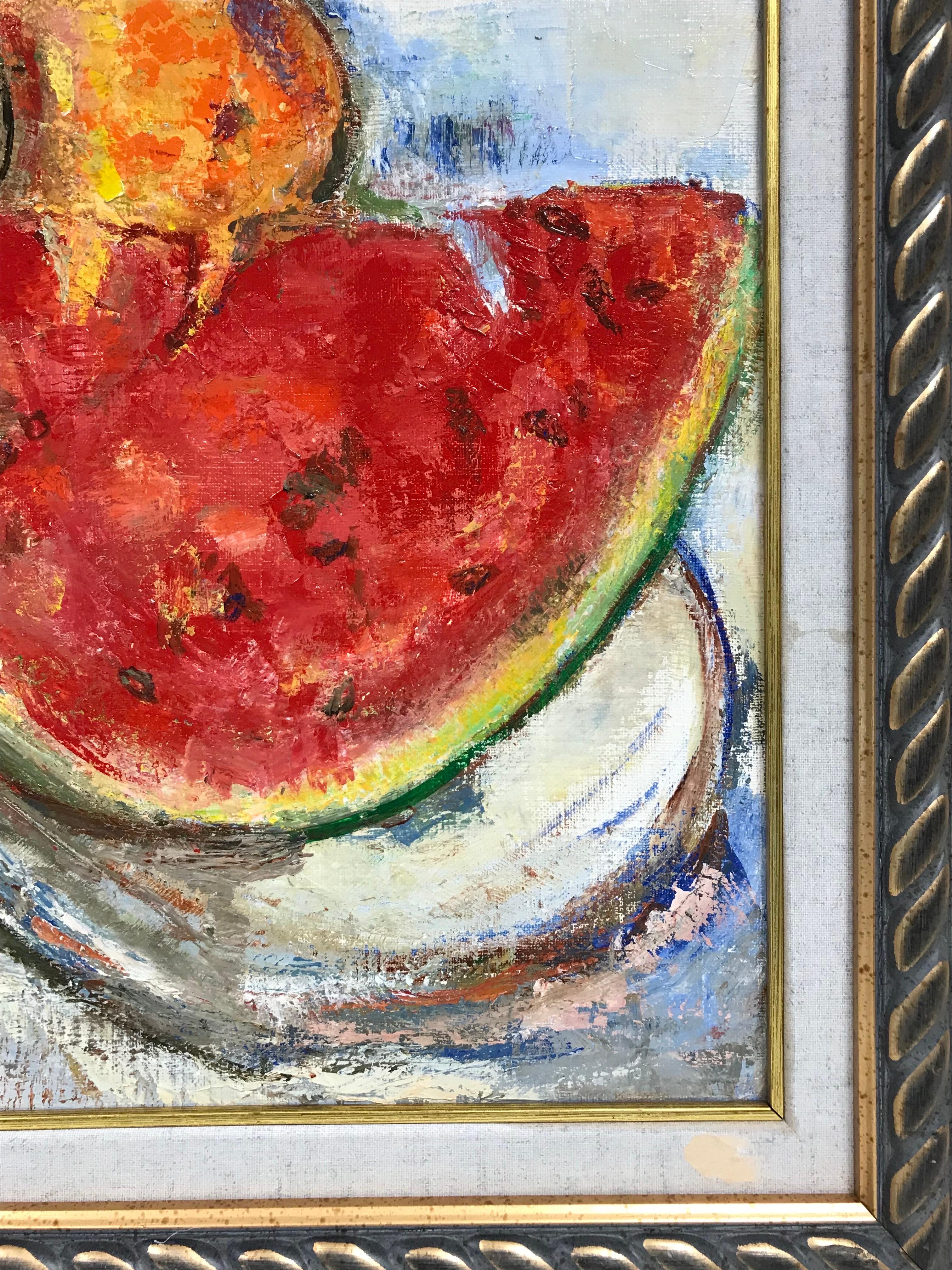 Peinture à l'huile originale signée - Magnifique nature morte de fruits avec melon d'eau en vente 3