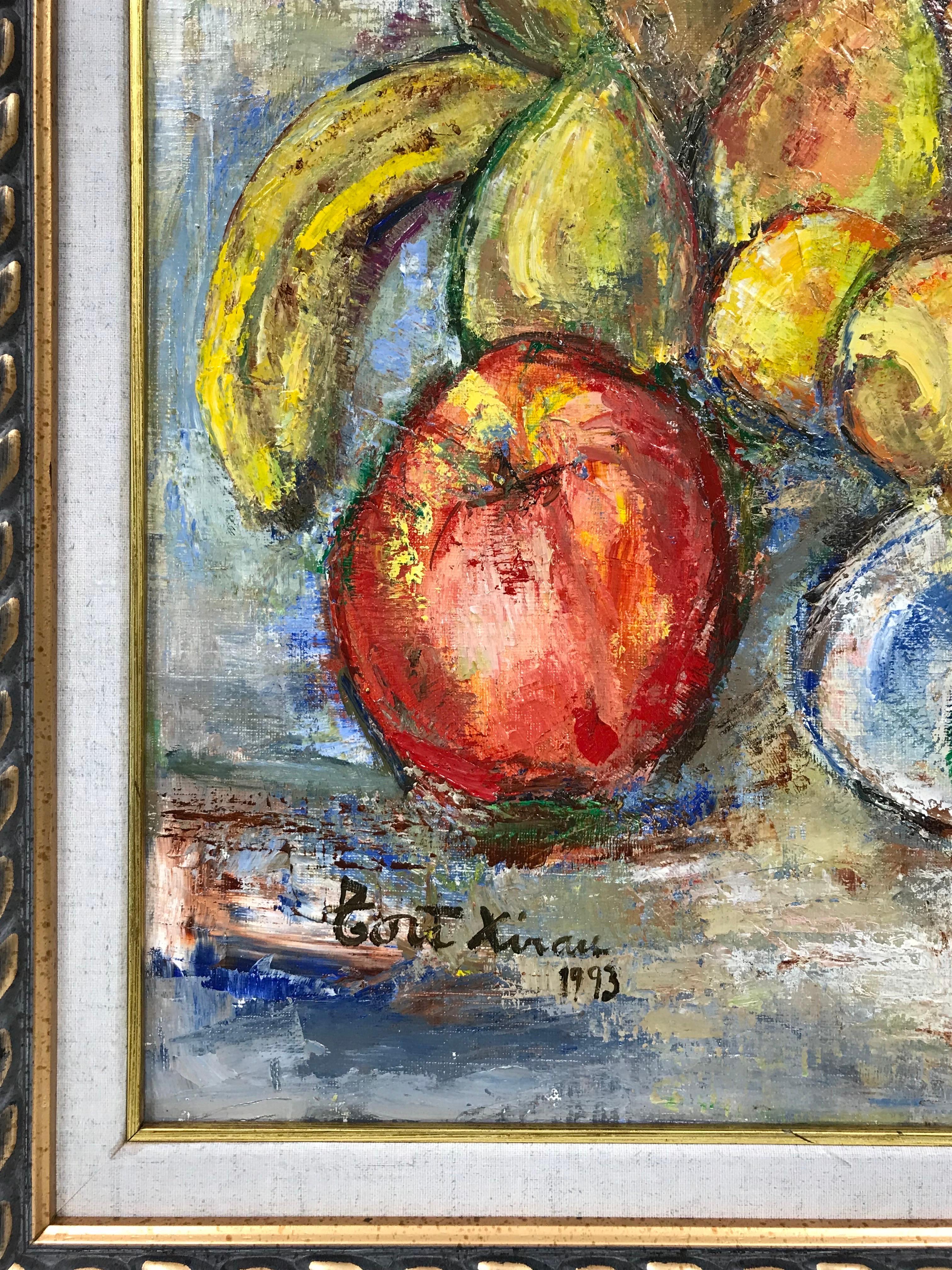 Peinture à l'huile originale signée - Magnifique nature morte de fruits avec melon d'eau en vente 4