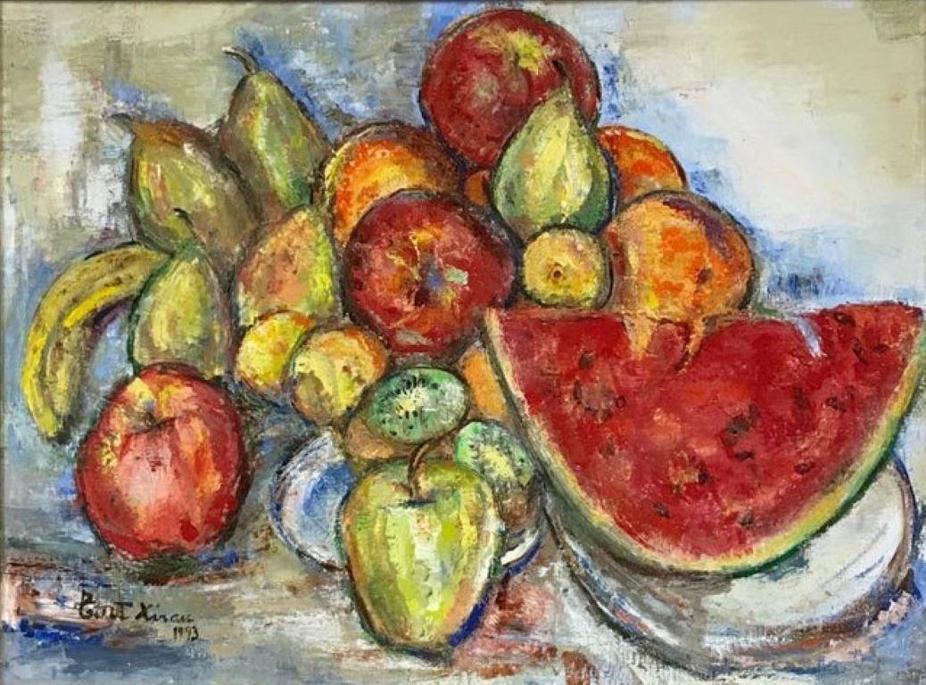 Peinture à l'huile originale signée - Magnifique nature morte de fruits avec melon d'eau