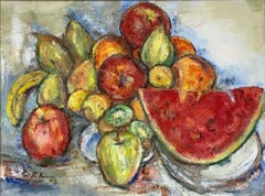 Signed Original Oil Painting - Luscious Still Life of Fruit with Watermelon