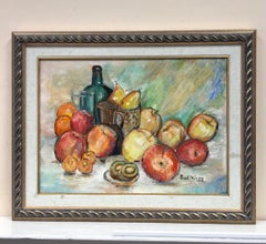 Signed Original Oil Painting Still Life with Fruit & Bottle, Beautiful Work