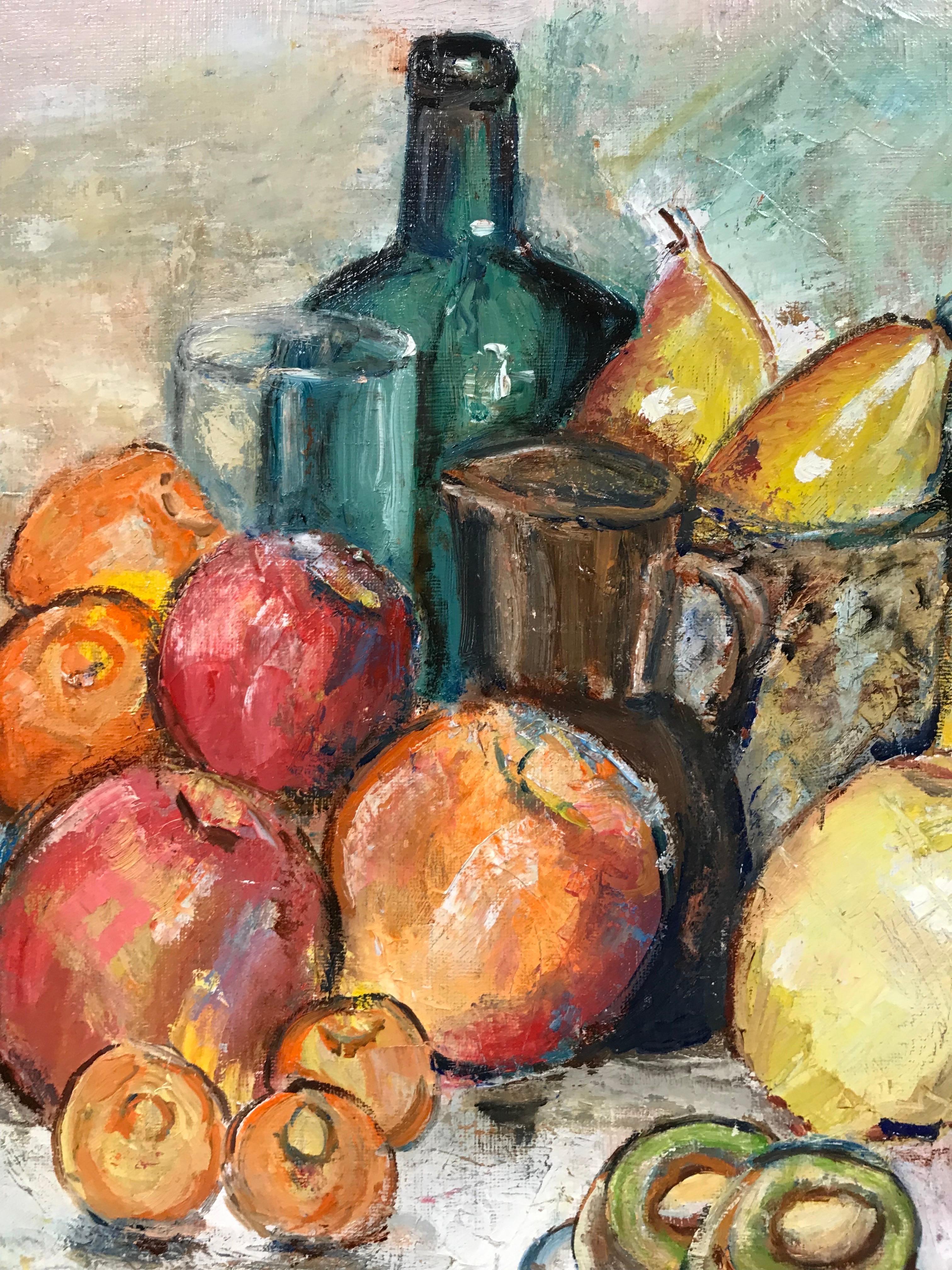 Signed Original Oil Painting Still Life with Fruit & Bottle, Beautiful Work - Brown Interior Painting by Maria Tort Xirau