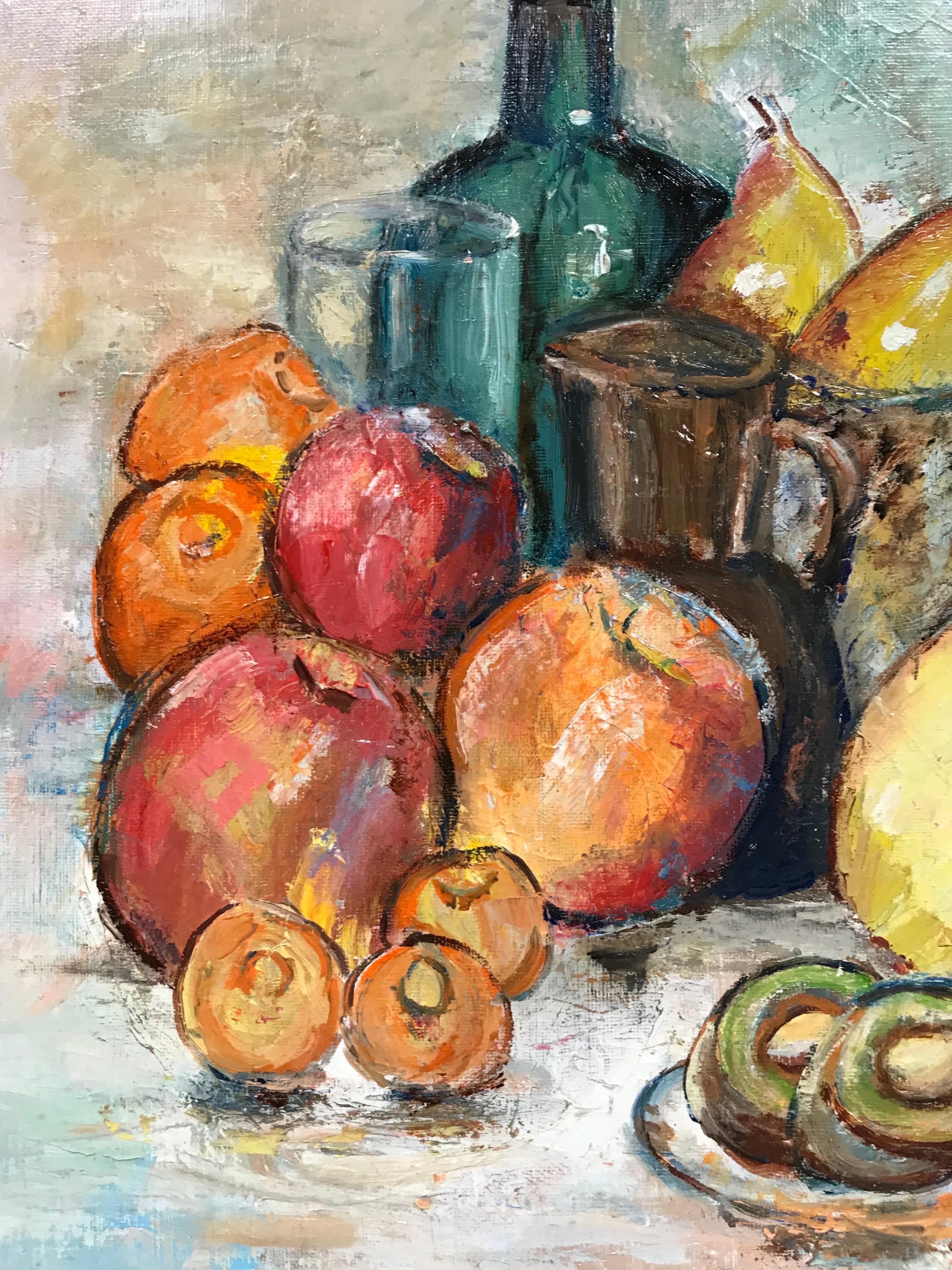 Pintura al Óleo Original Firmada Naturaleza Muerta con Fruta y Botella, Hermosa Obra en venta 1