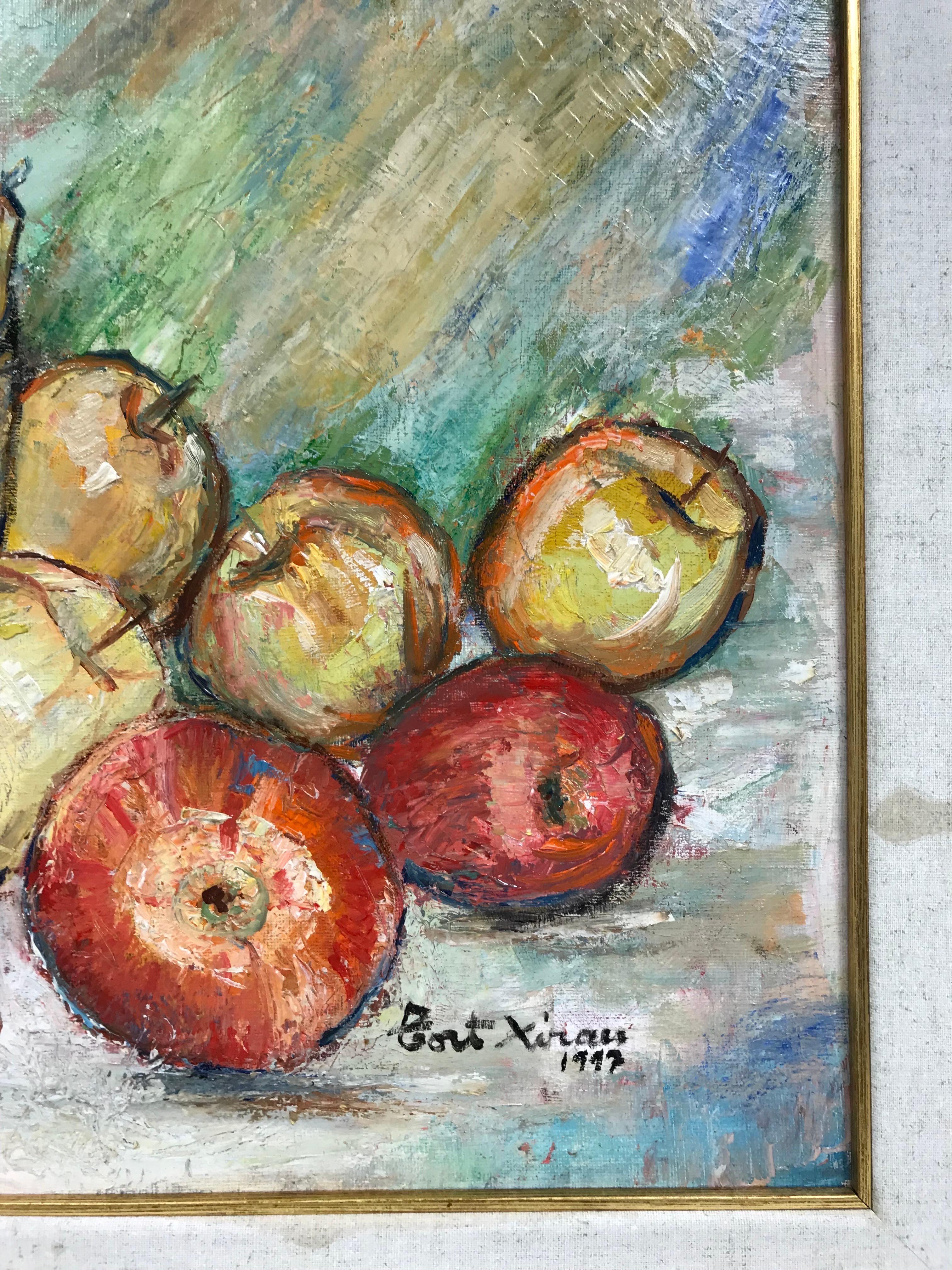 Pintura al Óleo Original Firmada Naturaleza Muerta con Fruta y Botella, Hermosa Obra en venta 2