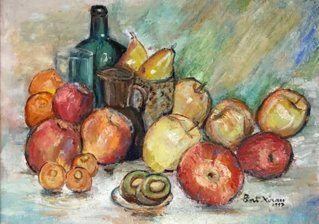 Maria Tort Xirau Interior Painting - Signed Original Oil Painting Still Life with Fruit & Bottle, Beautiful Work
