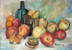 Signed Original Oil Painting Still Life with Fruit & Bottle, Beautiful Work