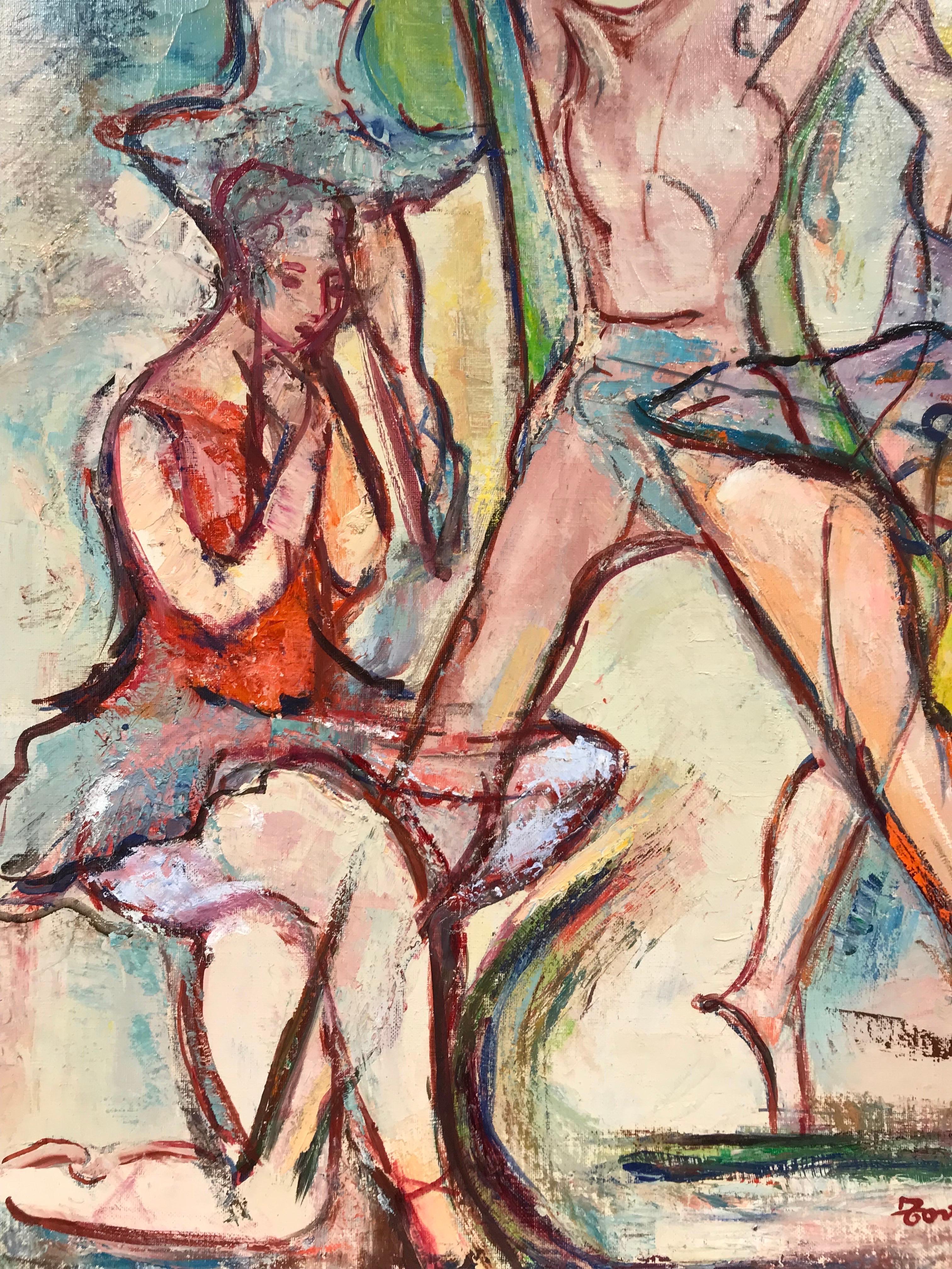 Tres Figuras Bailarinas Masculino y Femenino Gran Óleo Original Siglo XX - Painting de Maria Tort Xirau