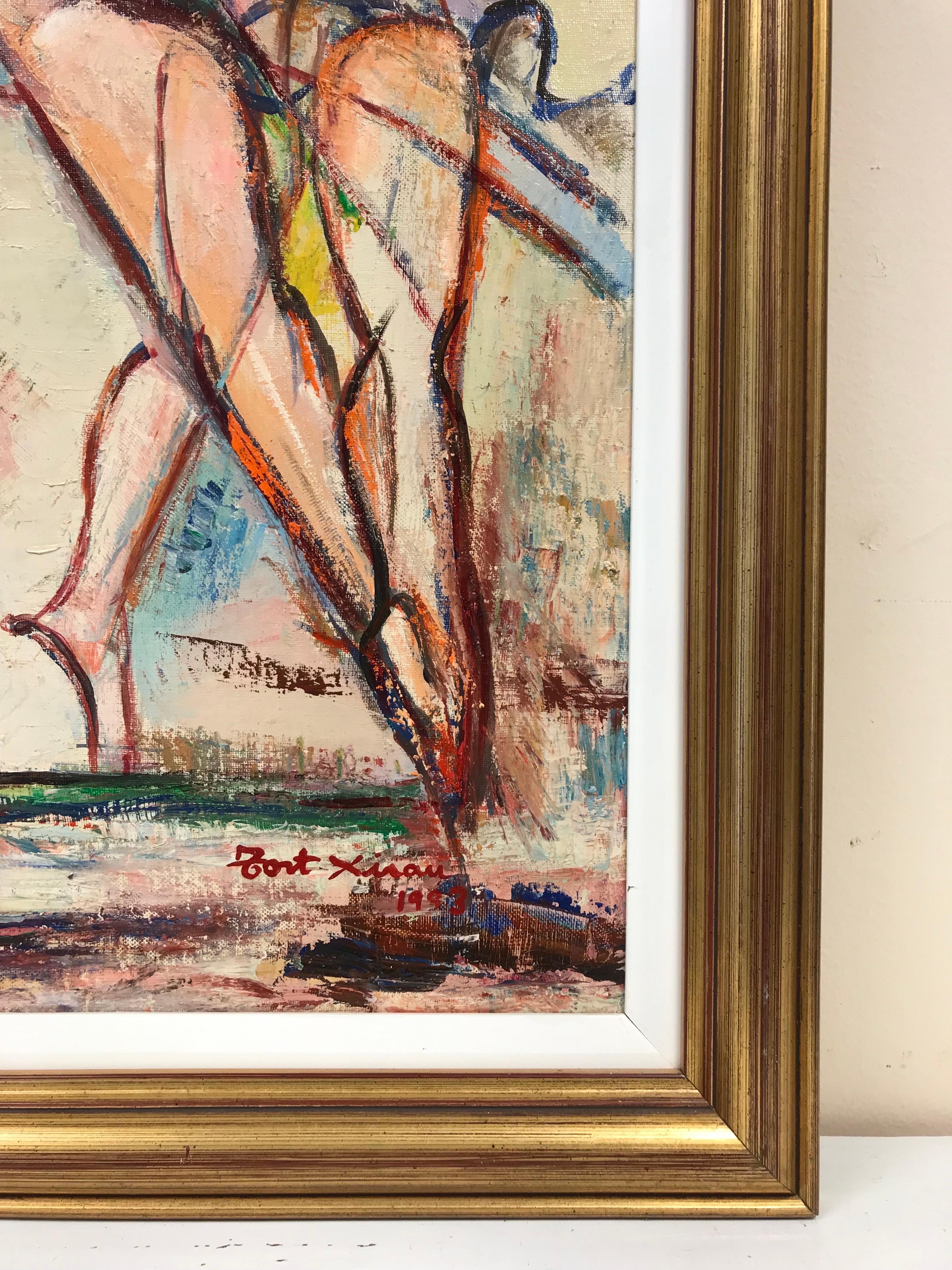 Tres Figuras Bailarinas Masculino y Femenino Gran Óleo Original Siglo XX en venta 1
