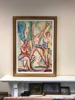 Tre figure di ballerine danzanti maschio e femmina Olio originale del XX secolo di grandi dimensioni