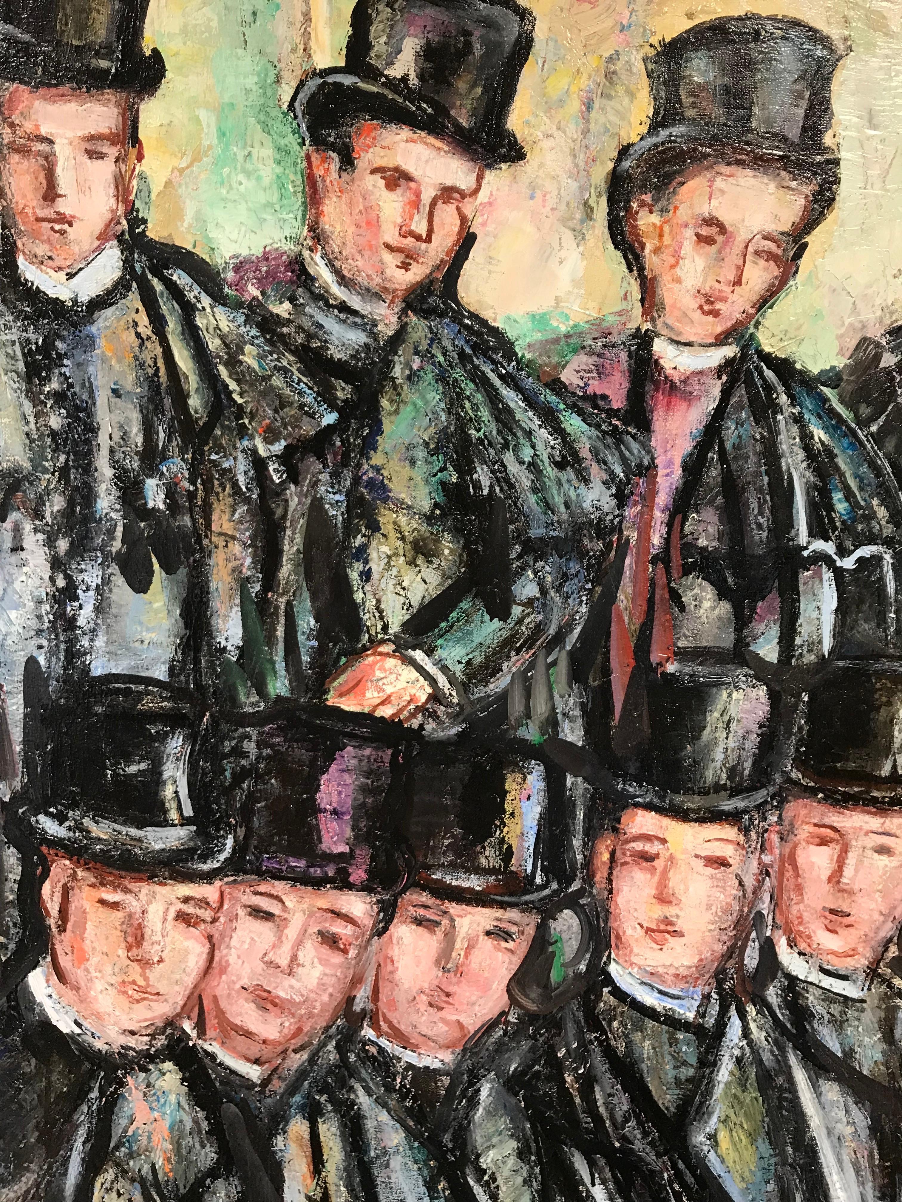 Victorian School Boys in Top Hats, Signed Original Huge Oil Painting - Black Portrait Painting by Maria Tort Xirau