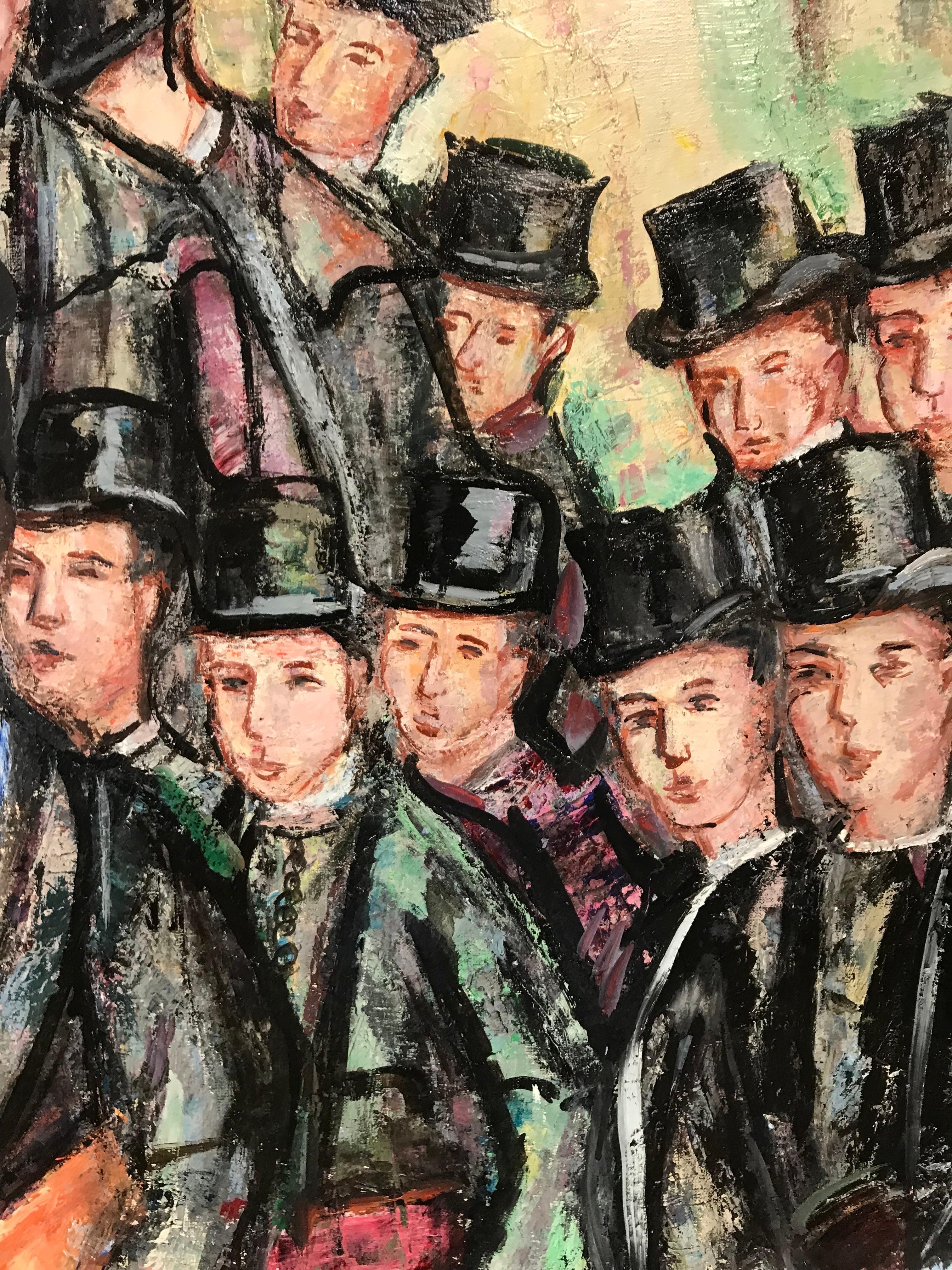 Victorian School Boys in Top Hats, Signed Original Huge Oil Painting For Sale 1
