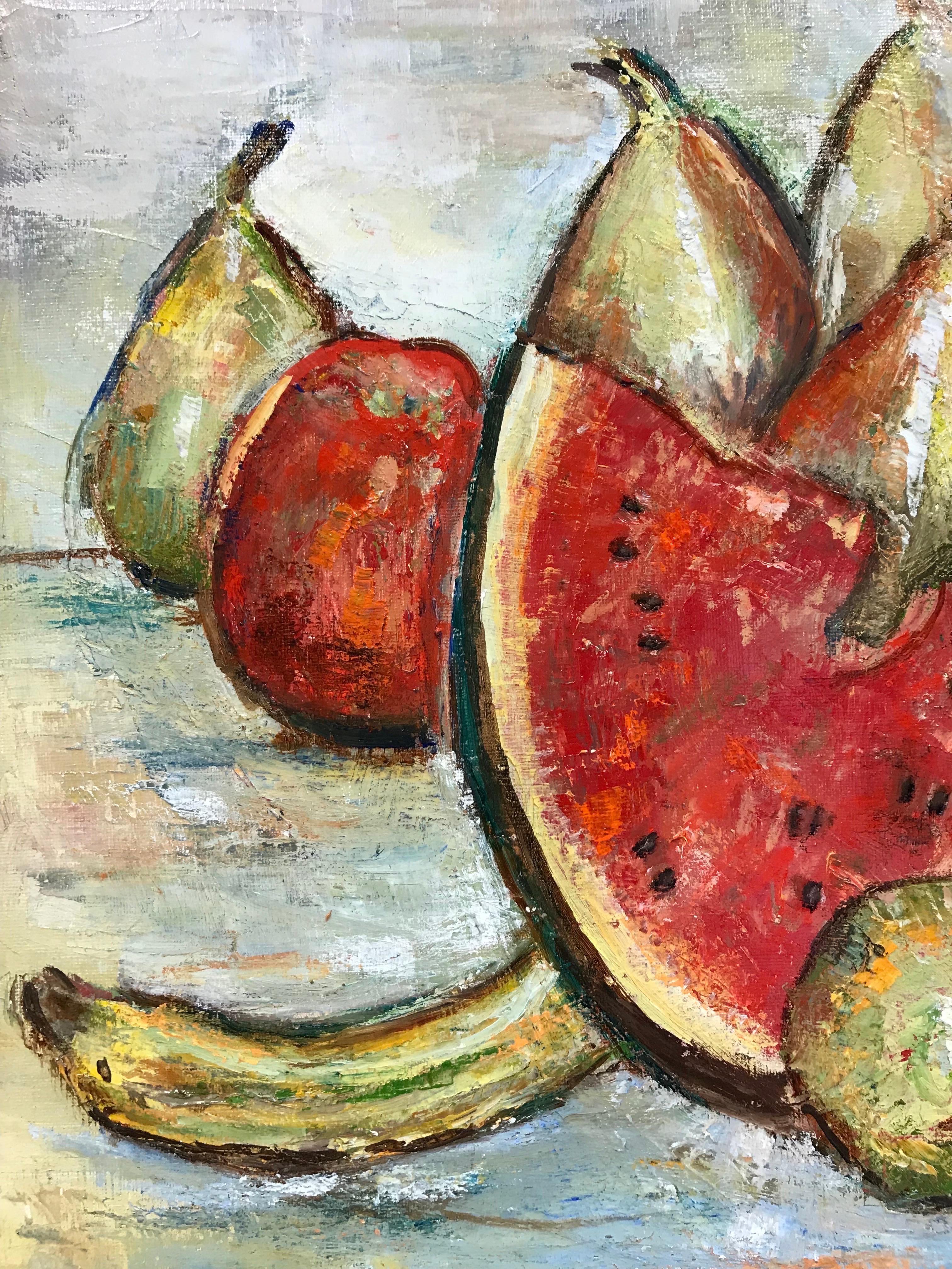 Watermelon Still Life of Fruit, Signed Original Oil Painting in Beautiful Frame - Brown Figurative Painting by Maria Tort Xirau