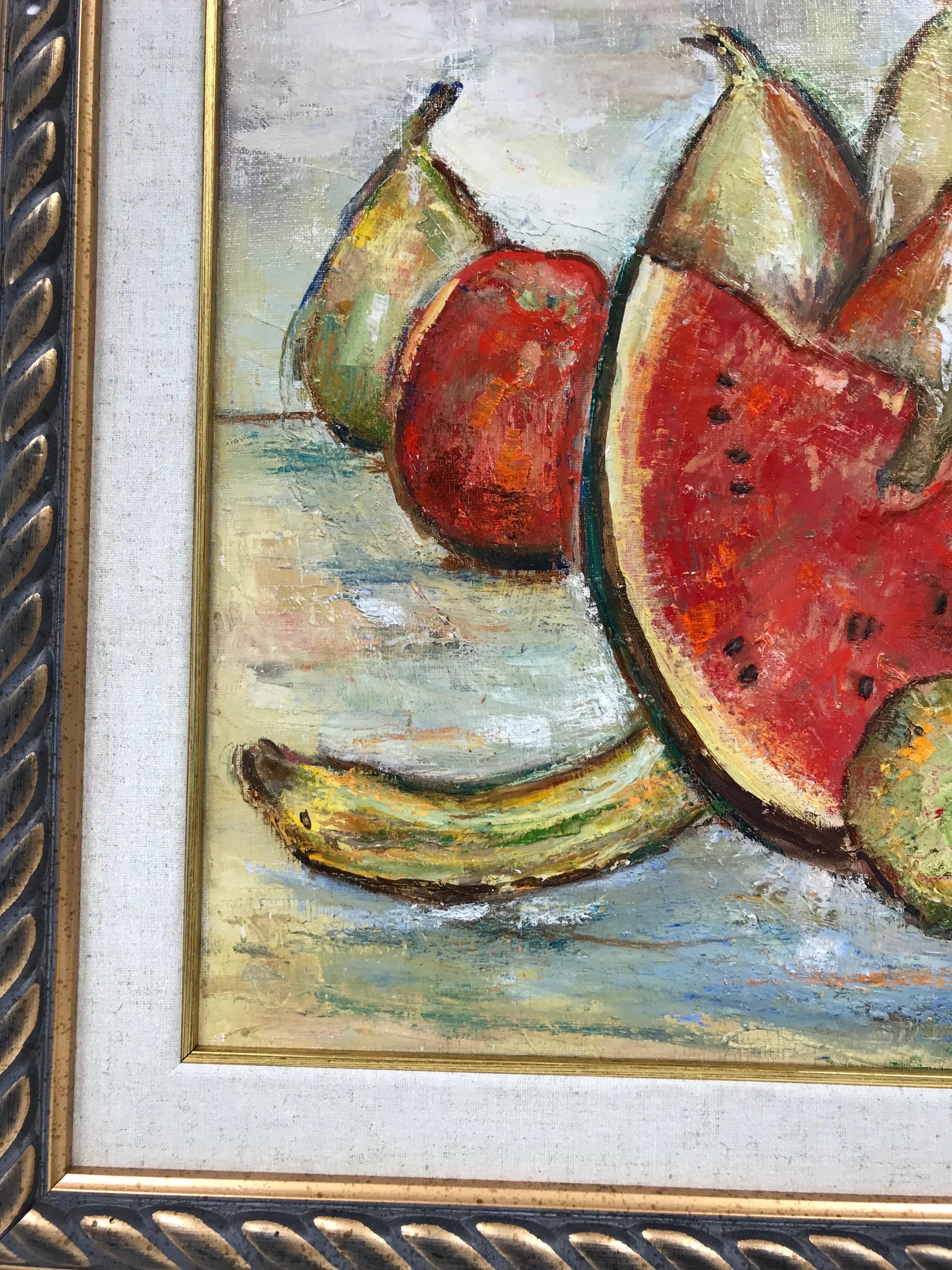 Watermelon Still Life of Fruit, Signed Original Oil Painting in Beautiful Frame For Sale 1