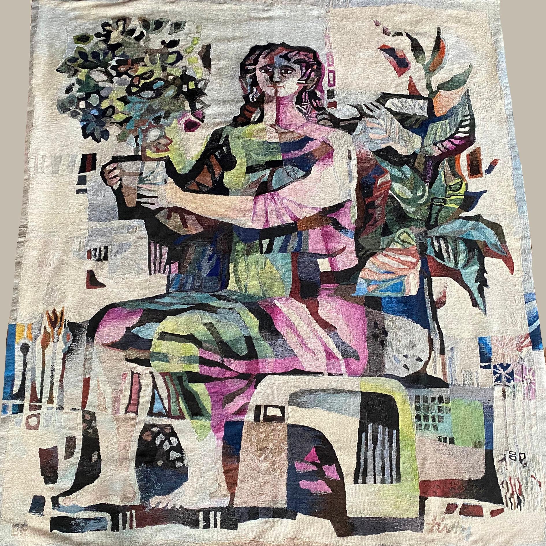 Maria Tury: Gardener Girl, handwoven Tapestry, Measures. 235 x 205 cm, signed: corner down right - TURY -
Unique, one piece executed.
Maria Tury, B 1930 - D 1992
Studied at the Hungarian College of Fine Arts.
Taught at the Hungarian College of