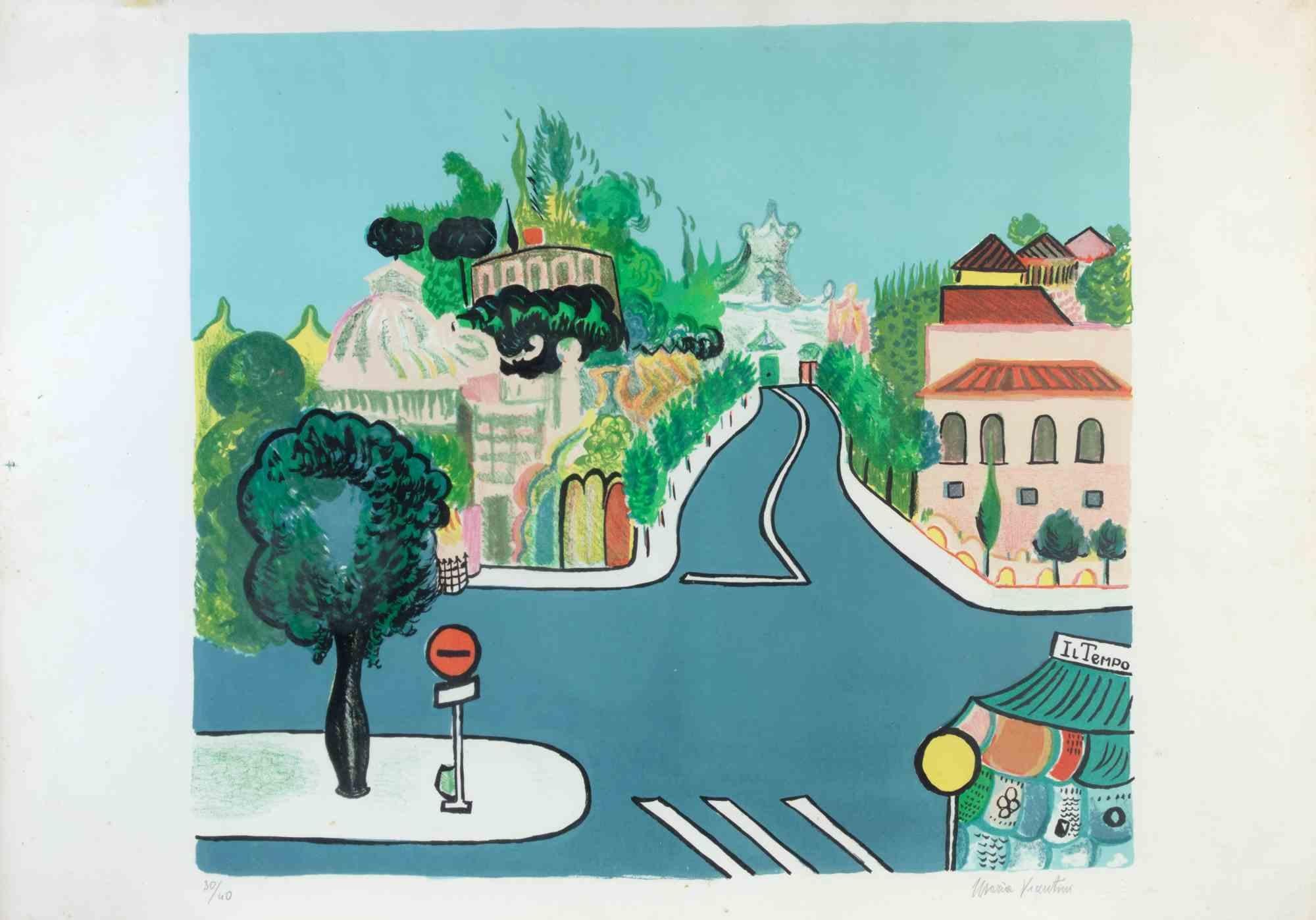 City view ist ein zeitgenössisches Kunstwerk von Maria Vicentini aus den 1970er Jahren.

Gemischtfarbige Lithographie.

Handsigniert am unteren Rand.

Links unten nummeriert.

Auflage 30/40.