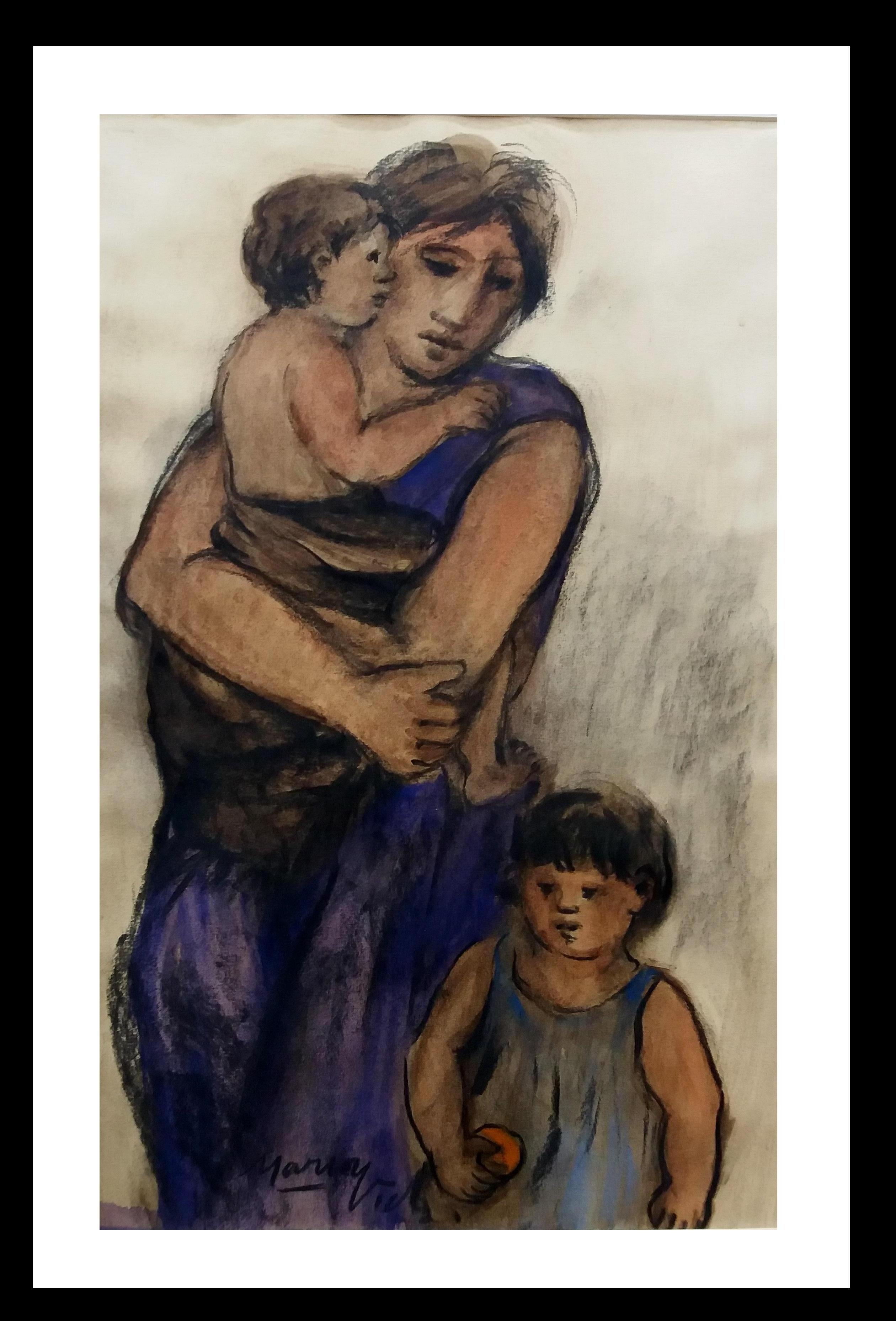 Maria Witsch   Mutterschaft Vertikal  Original Pastellgemälde. gerahmt – Painting von María Vich