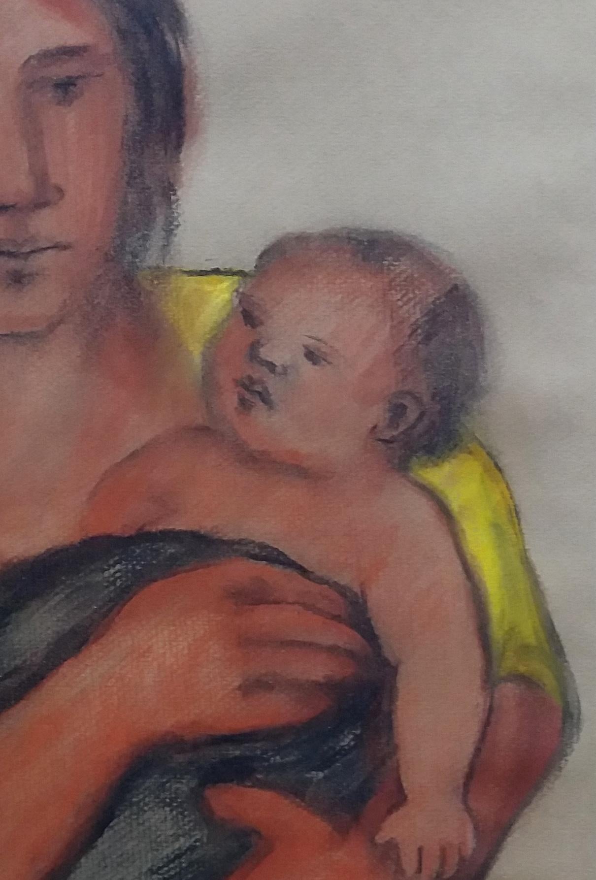 Maria Vich  Maternity  Baby  Mother  Fauvist original pastel. vertical - Painting by María Vich