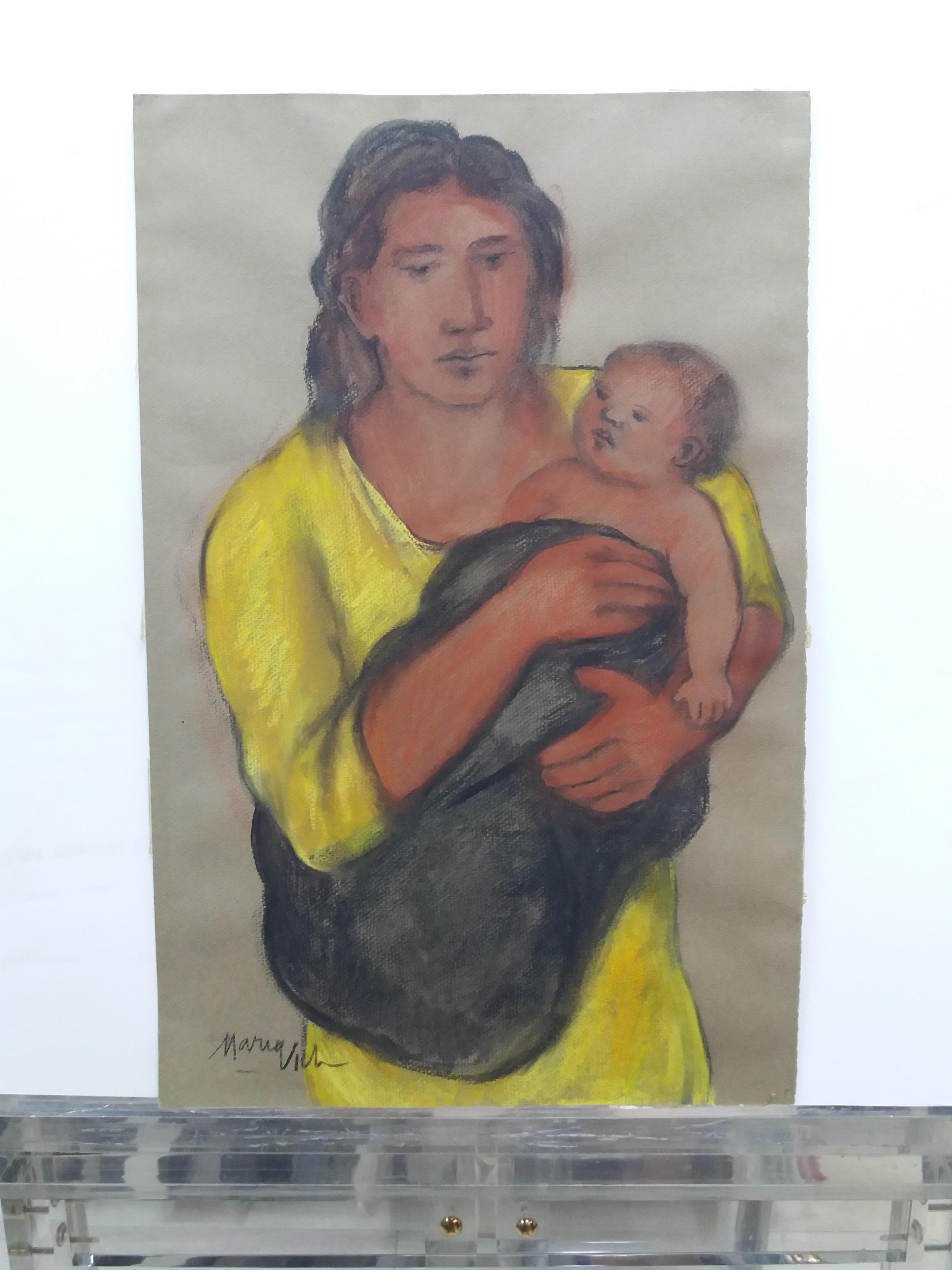 Maria Vich  Maternity  Baby  Mother  Fauvist original pastel. vertical For Sale 1