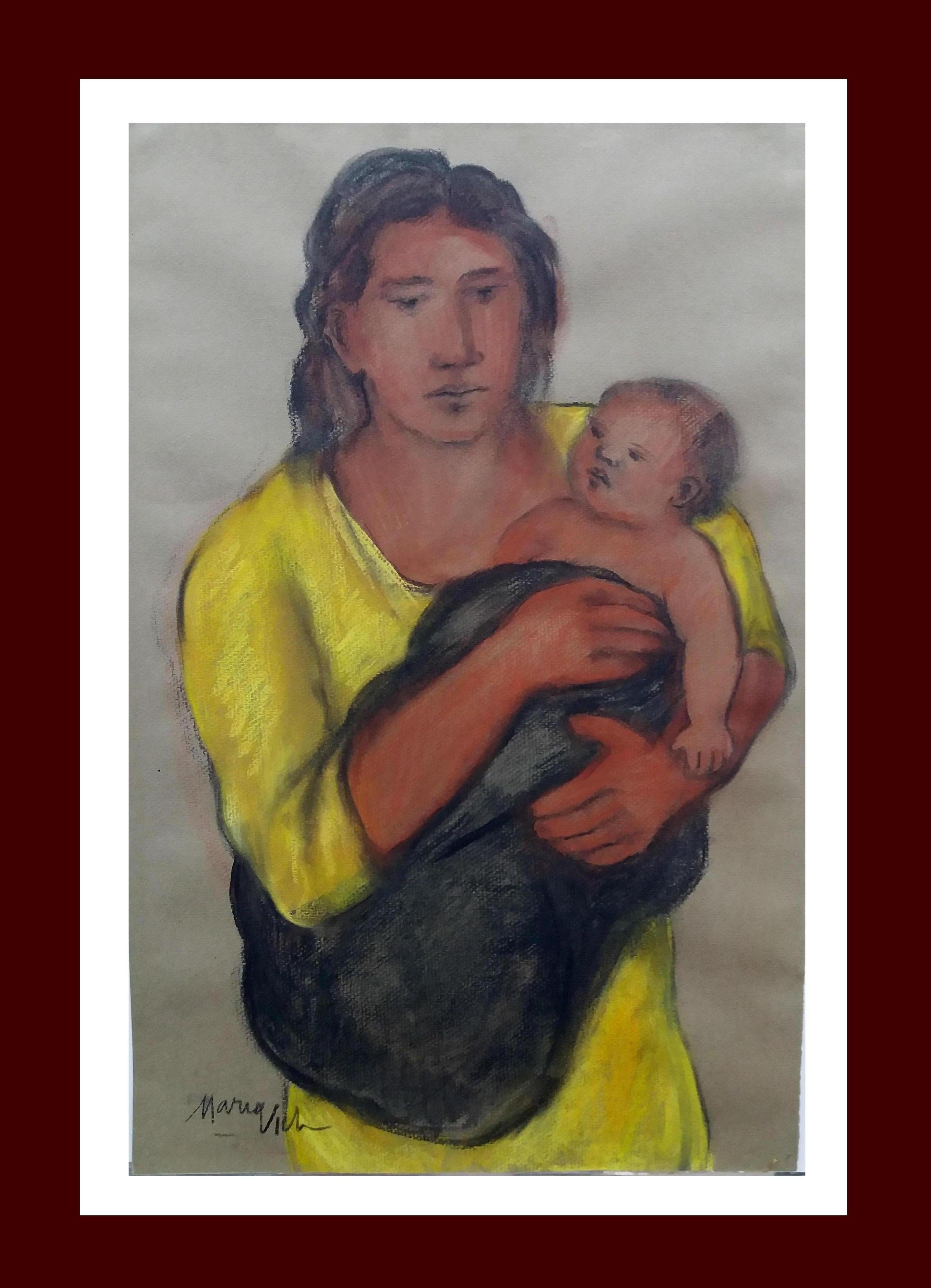 María Vich Figurative Painting – Maria Vich 6 Mutterschaft  Baby  Mutter  Fauvistisches Original Pastell. vertikal