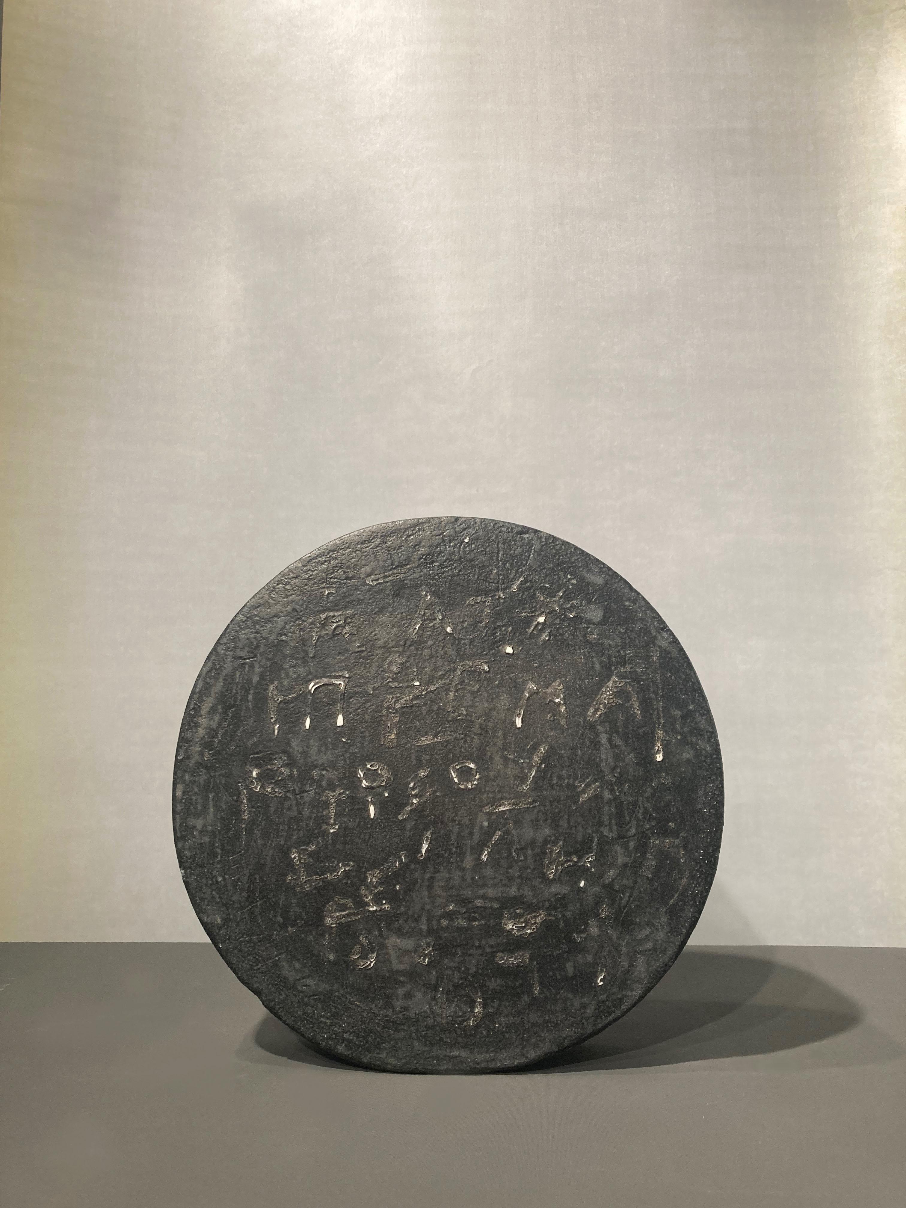 Maria Vlandi Abstract Sculpture - Black disk with symbols