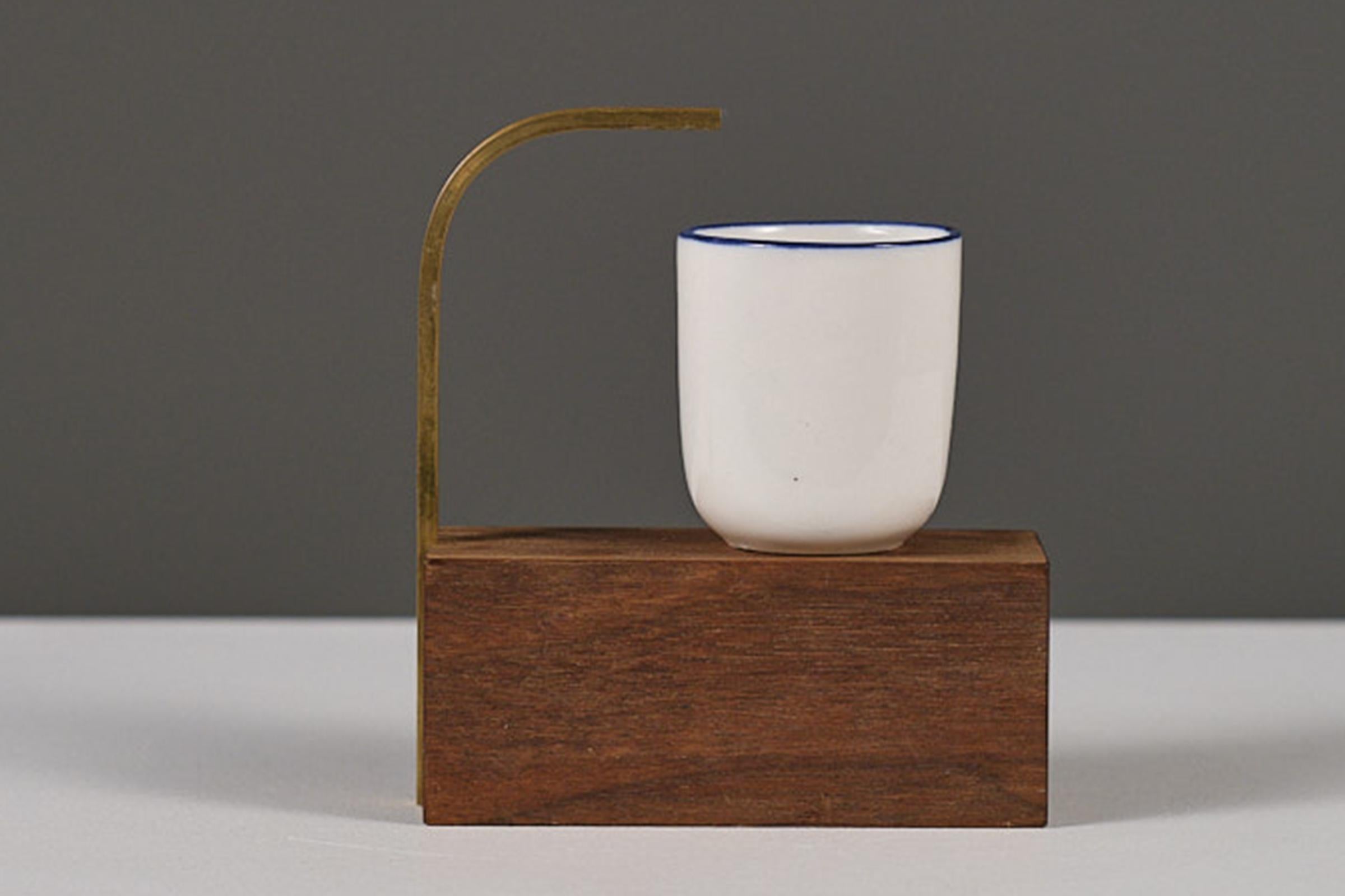 Spanish Maria_Contemporary sculptural ashtray collectible design. Brass, wood, ceramicsi For Sale