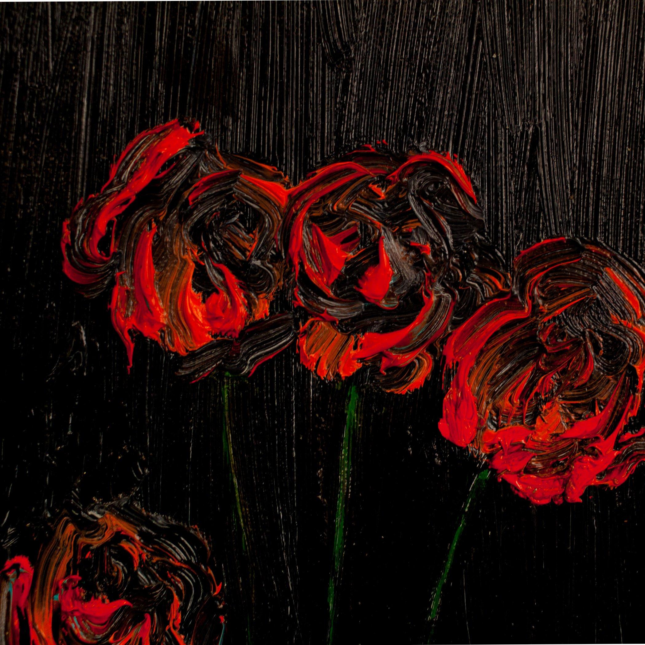 Rote Rosen in der Dunkelheit (Neue Wilde), Painting, von Mariam Lomidze