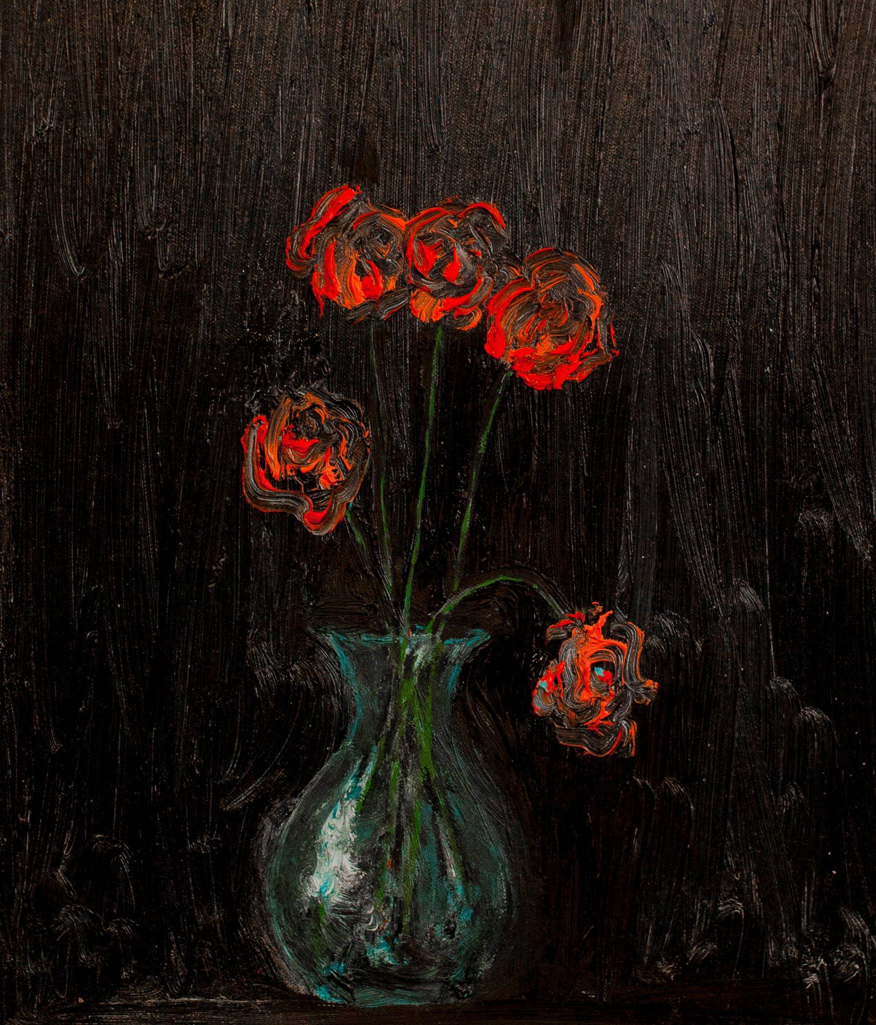 Mariam Lomidze Still-Life Painting – Rote Rosen in der Dunkelheit
