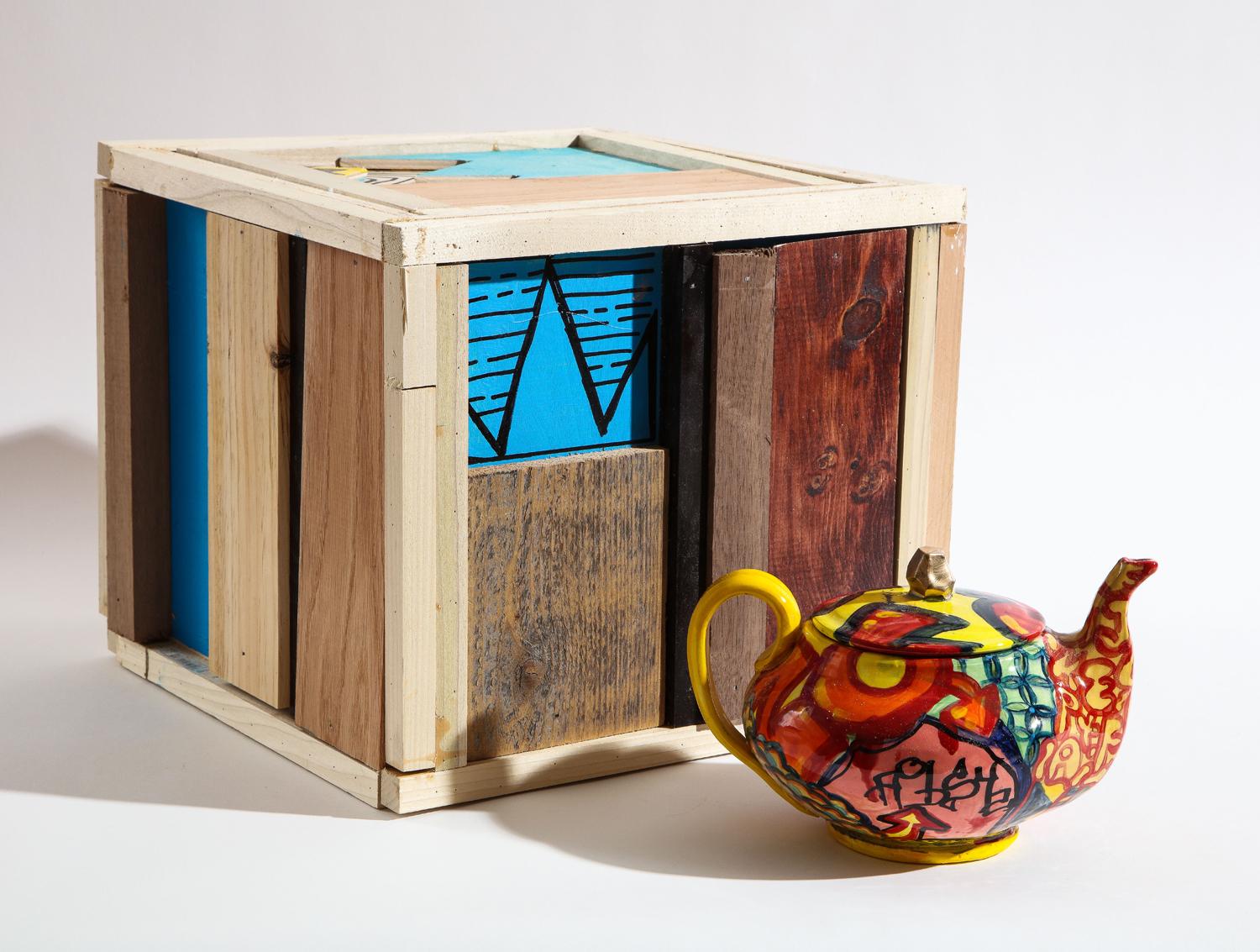 Roberto Lugo
Marian Anderson teapot and box set, 2021
Glazed porcelain and enamel paint; acrylic and marker on wood box
Measures: Teapot: 5.75 x 9 x 7 in
Box: 12 x 14 x 14 in.