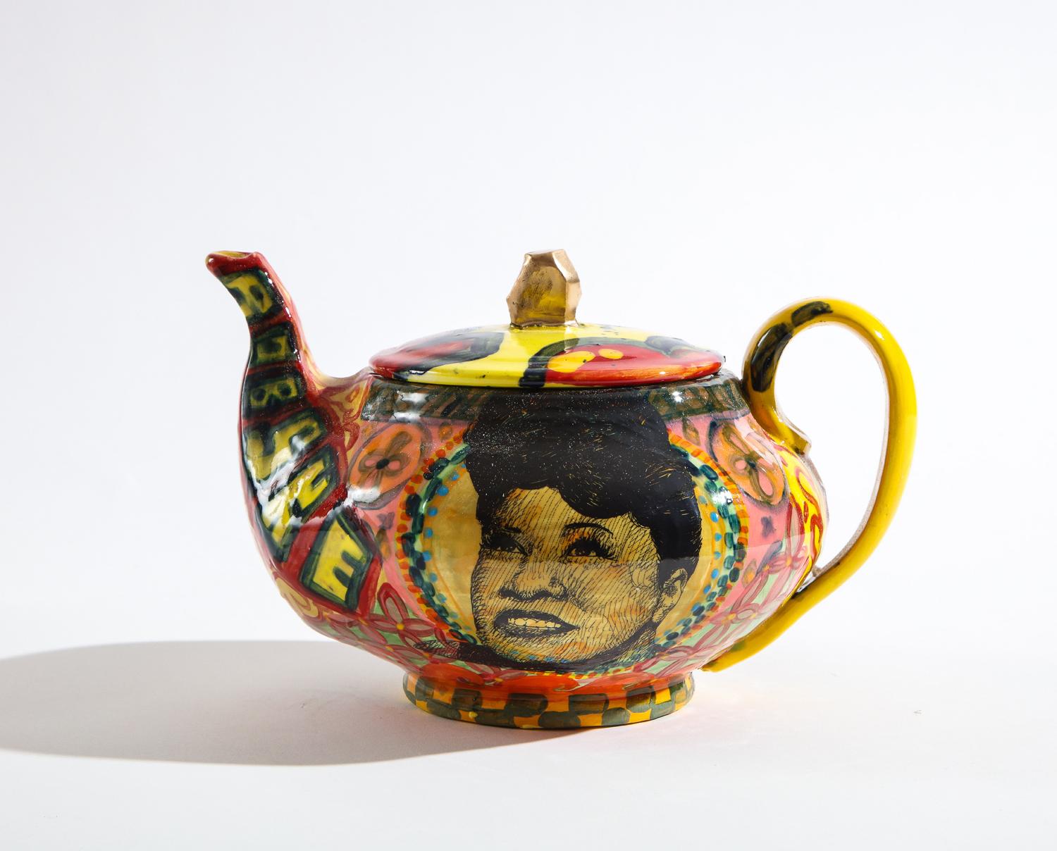Contemporary Marian Anderson Teapot and Box Set in Glazed Porcelain and Wood by Roberto Lugo