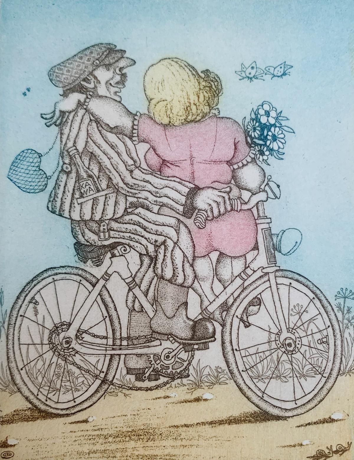Figurative Print de Marian Bocianowski - Una bicicleta. Grabado figurativo contemporáneo, Una pareja, Sátira, Artista polaco