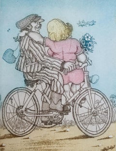 A bike. Contemporary figurative print, A couple, Satire, Polish artist