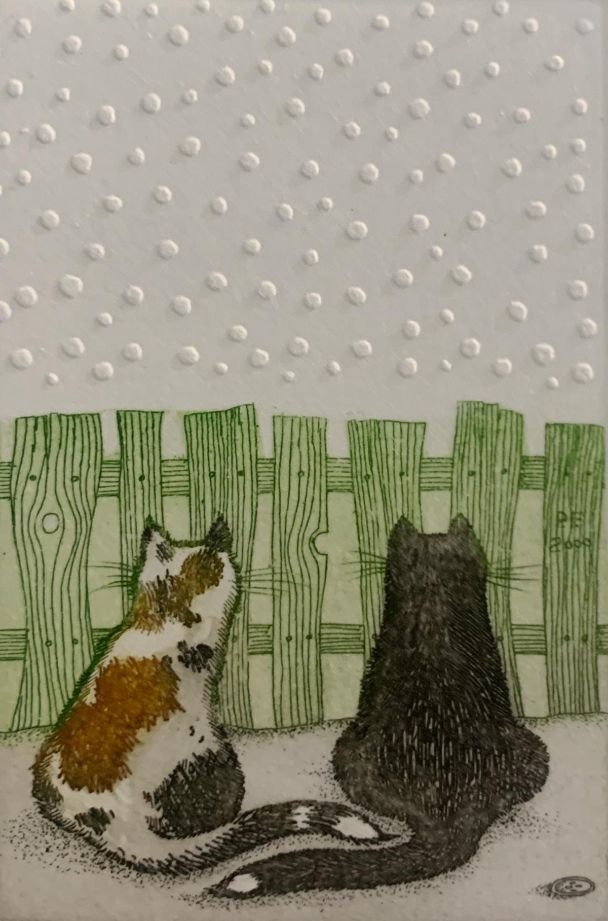 Figurative Print de Marian Bocianowski - Una valla. Grabado figurativo, Animales, Gatos, Realista, Relieve, Artista polaco