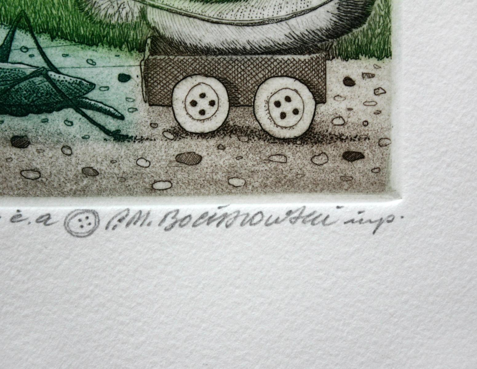 Cart grasshopper - XXI century, Figurative print, Colourful - Green Figurative Print by Marian Bocianowski