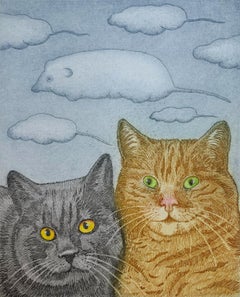 Los sueños de los gatos. Grabado figurativo, Animales, Realista, Artista polaco