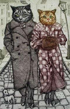 High Life. Figurative etching print, Animals, Cats, Realistic, Polish artist