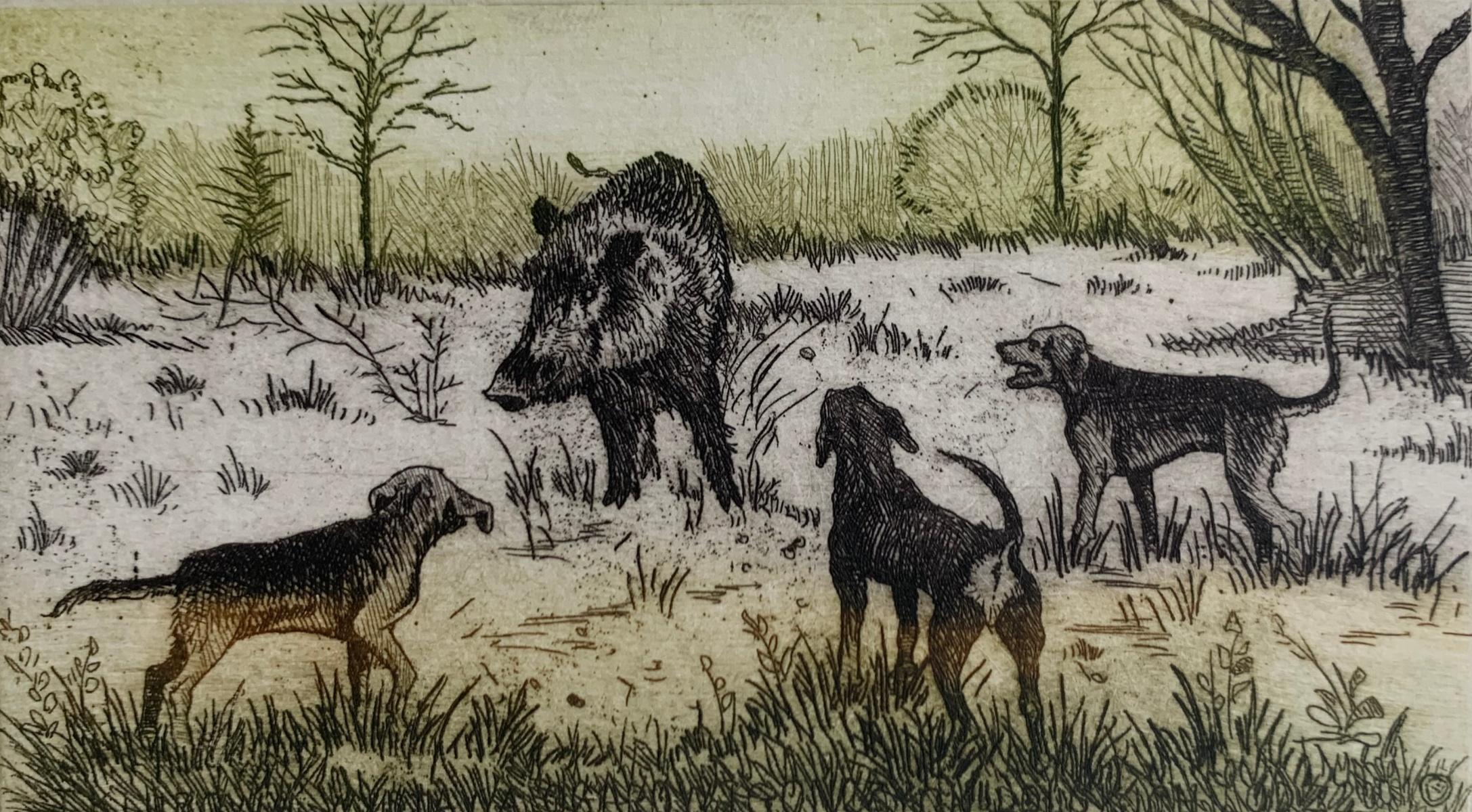 Marian Bocianowski Figurative Print - Hounds and a boar. Figurative print, Animals, Hunting, Realistic, Polish artist