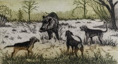 Hounds and a boar. Figurative print, Animals, Hunting, Realistic, Polish artist
