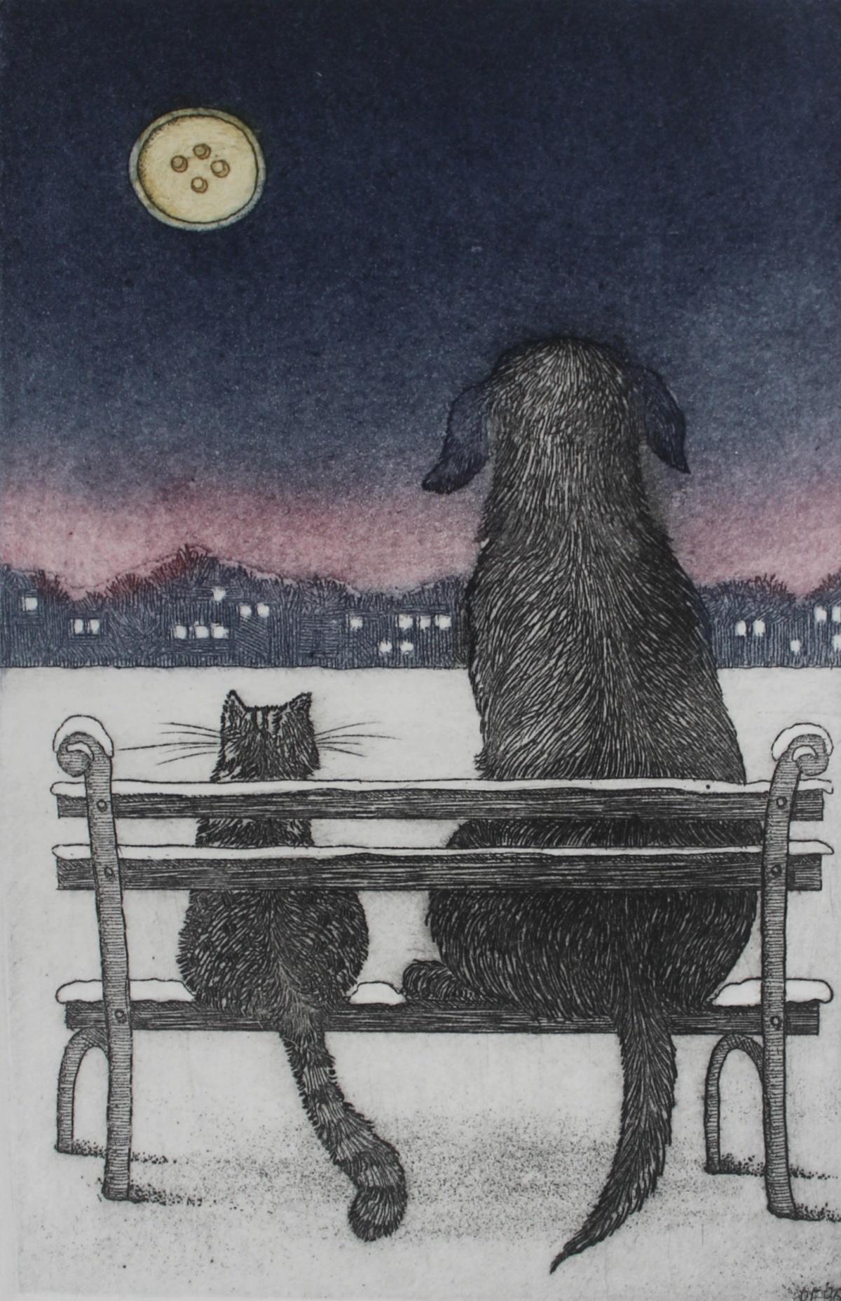 Marian Bocianowski Figurative Print - Luna. Figurative print, Animals, Cat and dog, Realistic, Polish artist