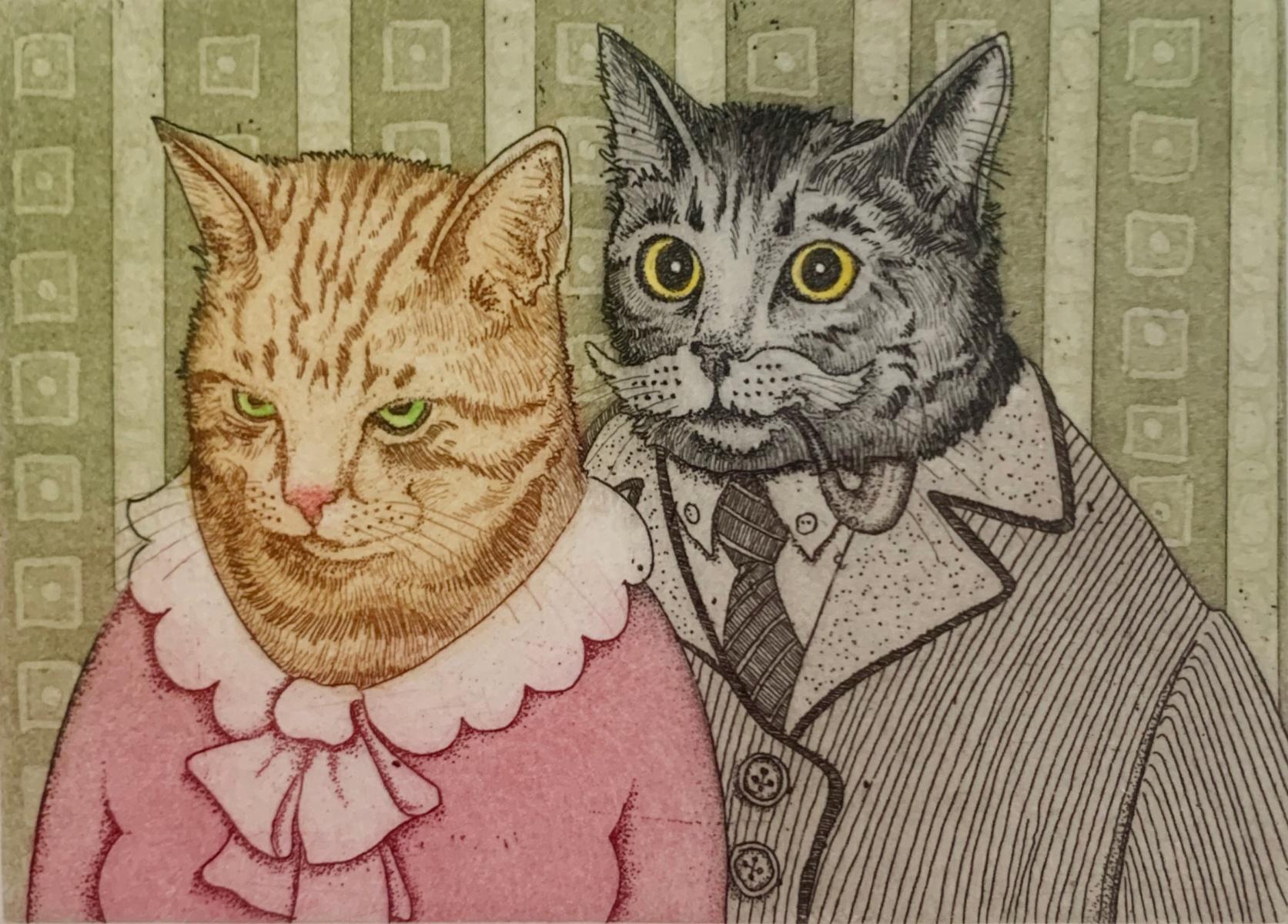 Figurative Print Marian Bocianowski - M et Mme Meow. Impression figurative, animaux, chats, réaliste, artiste polonais
