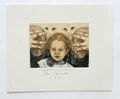 Green eyes of a cat - XXI Century, Contemporary Figurative Print, Girl, Cats