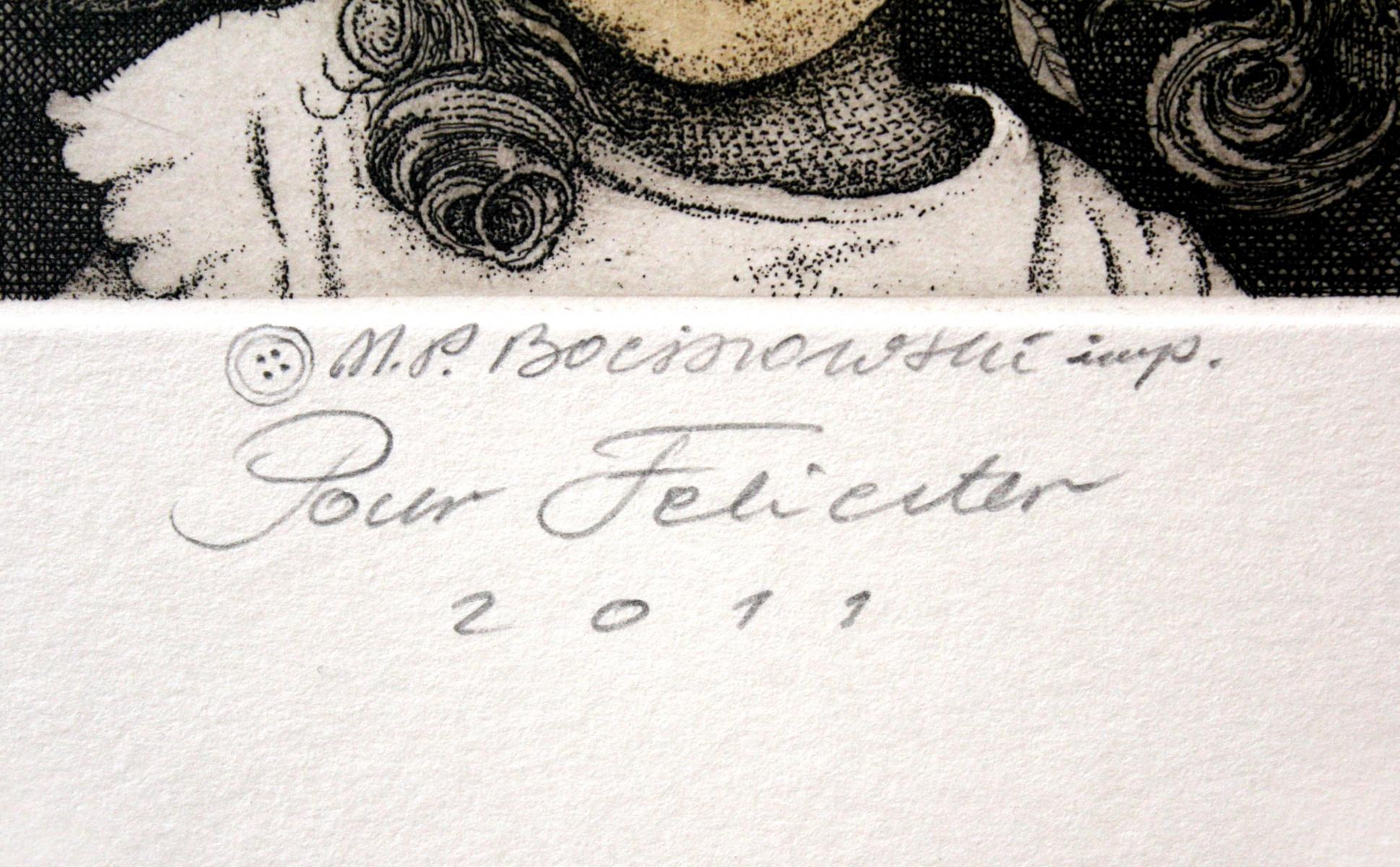 Pour Feliciter - Siglo XXI, Impresión figurativa contemporánea, Chica, Gatos - Figurative Print Beige de Marian Bocianowski