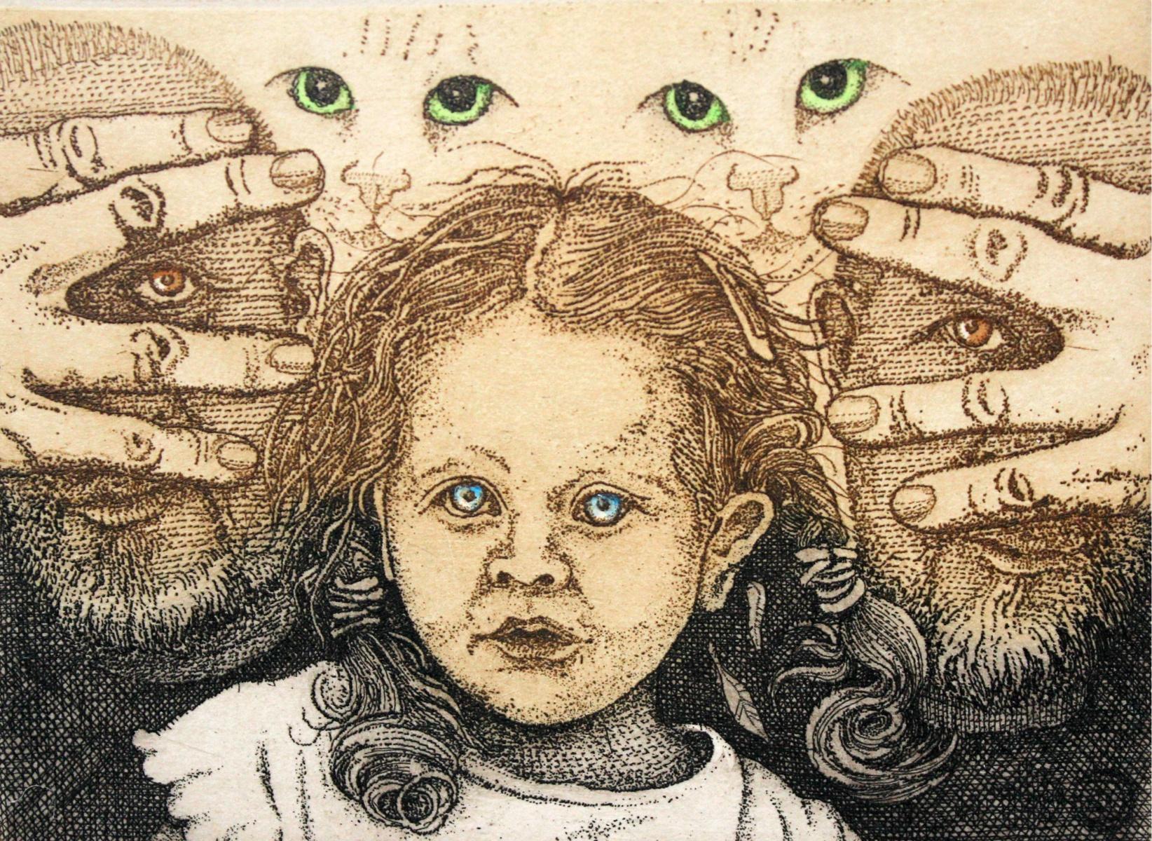 Figurative Print de Marian Bocianowski - Pour Feliciter - Siglo XXI, Impresión figurativa contemporánea, Chica, Gatos