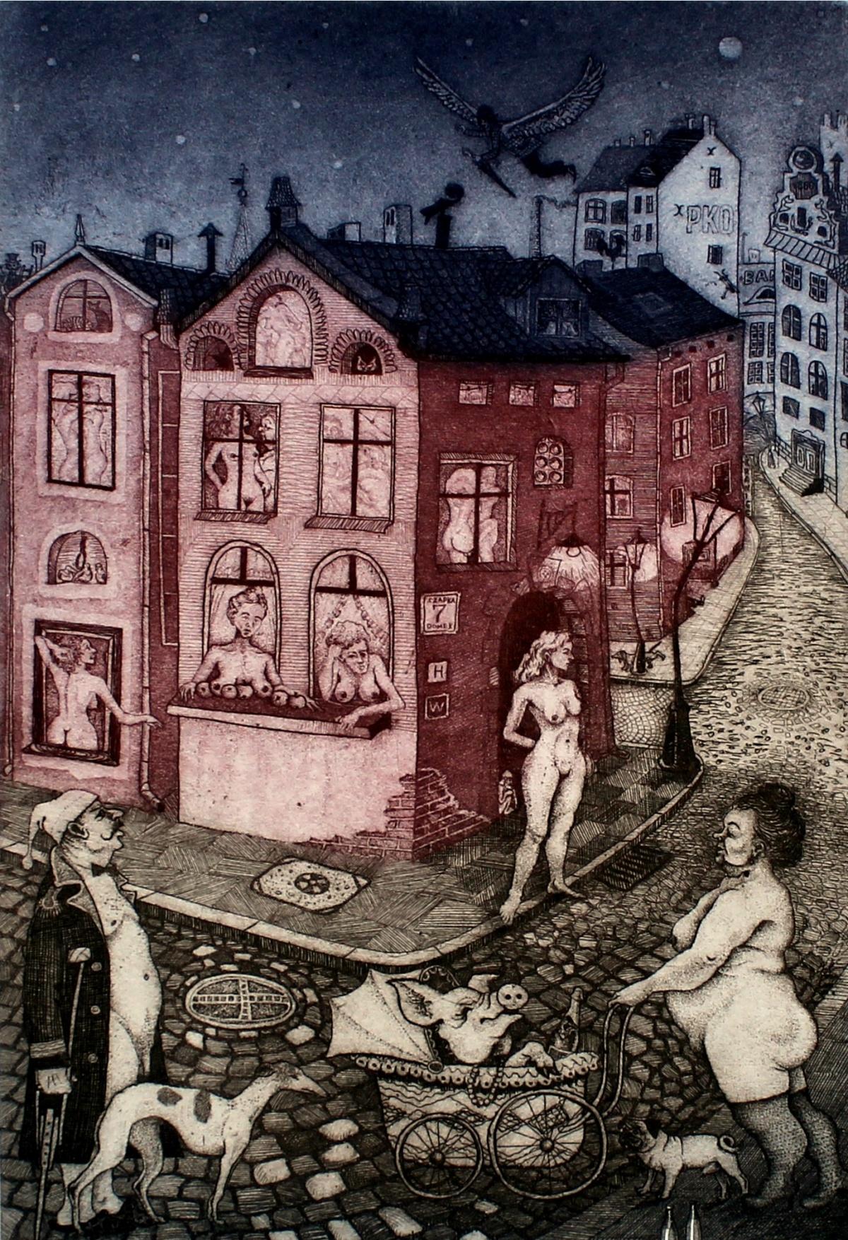 Regular Day - XXI century, Figurative etching, Colourful, Nude, Town scene