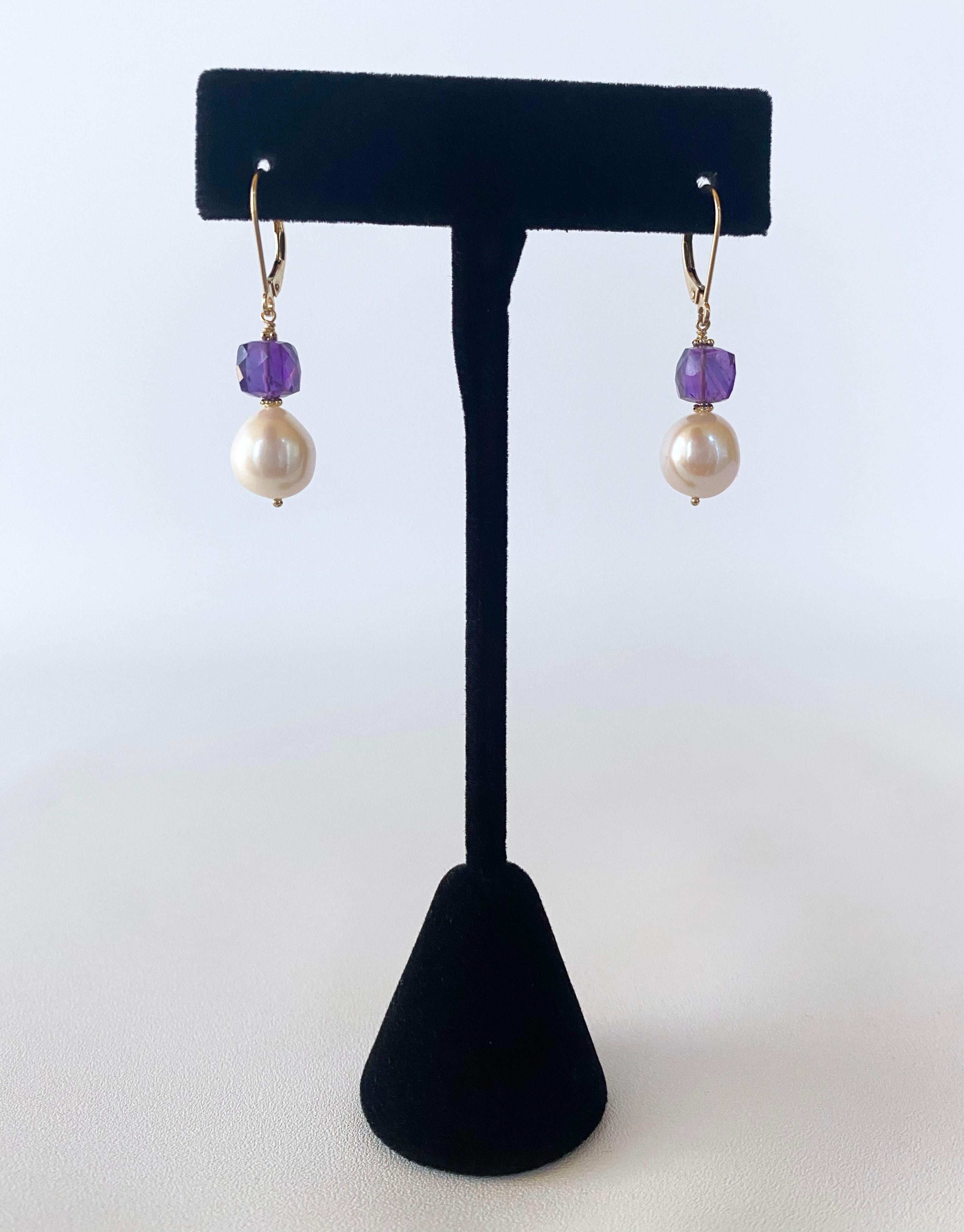 Artisan Marian J. Pearl, Amethyst and 14k Yellow Gold Lever Back Earrings For Sale