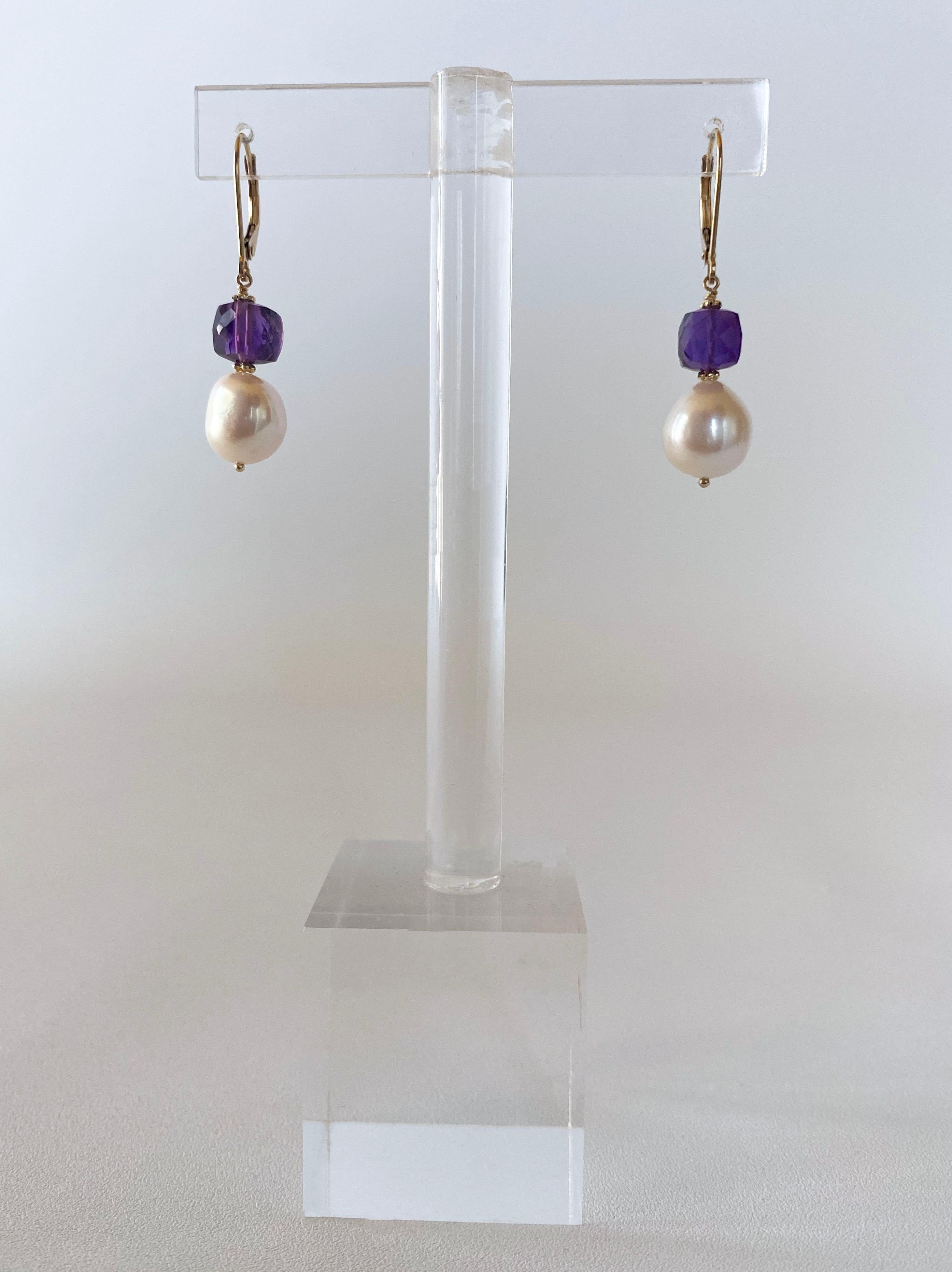 Bead Marian J. Pearl, Amethyst and 14k Yellow Gold Lever Back Earrings For Sale