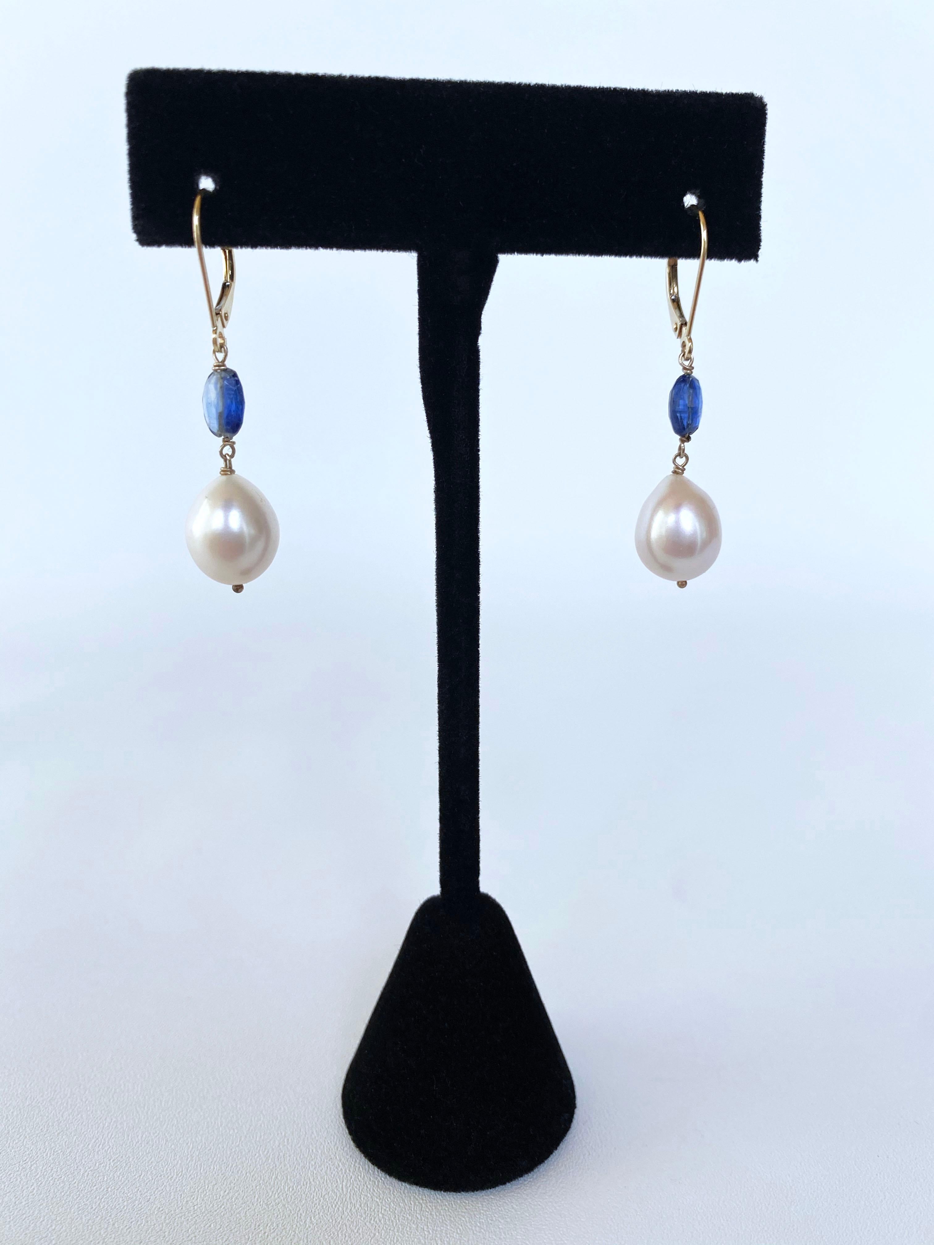 Artisan Marina J. Pearl, Kyanite and 14k Yellow Gold Lever Back Earrings For Sale