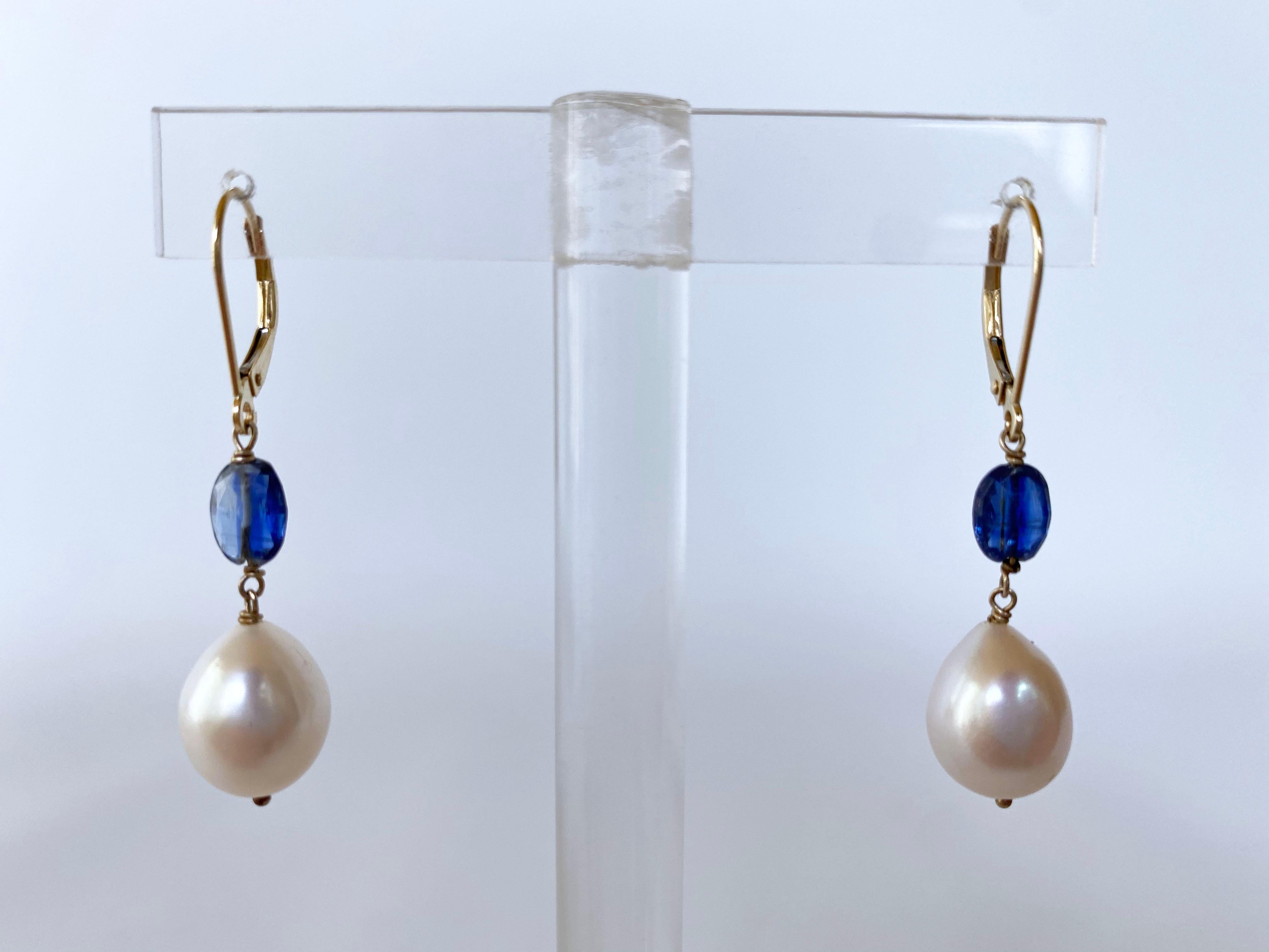 Bead Marina J. Pearl, Kyanite and 14k Yellow Gold Lever Back Earrings For Sale