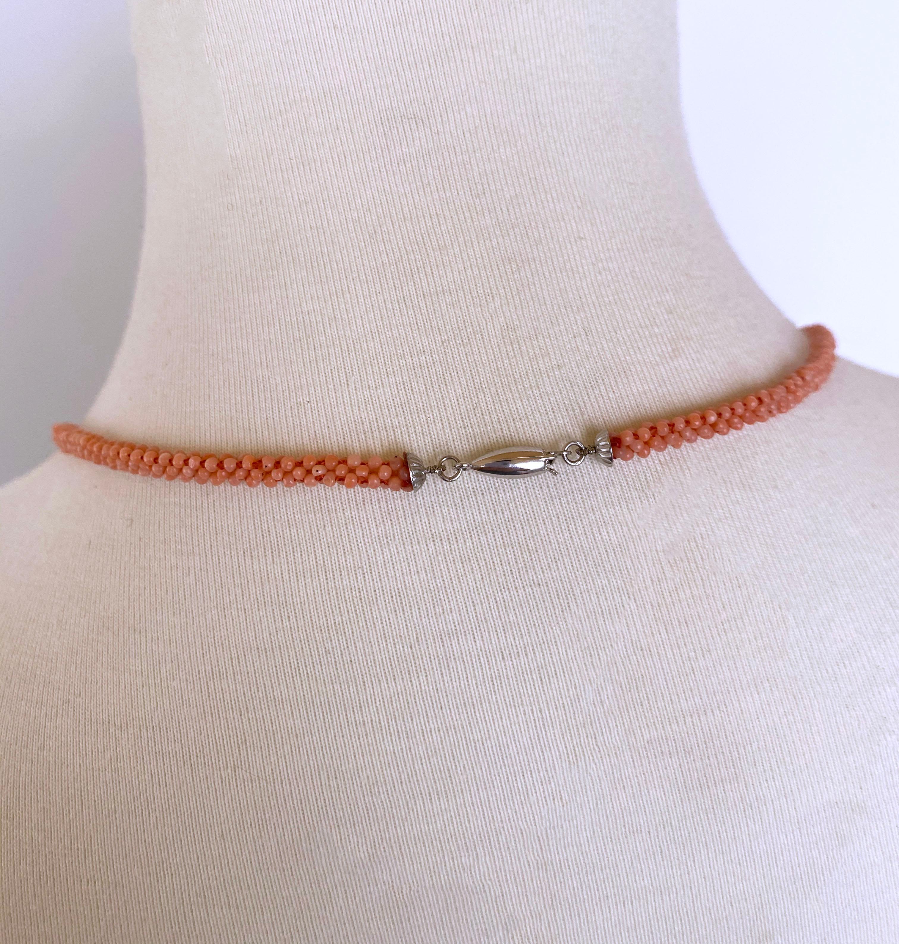 Artisan Marian J. Woven Mediterranean Coral Rope Necklace with 14K White Gold and Tassel For Sale